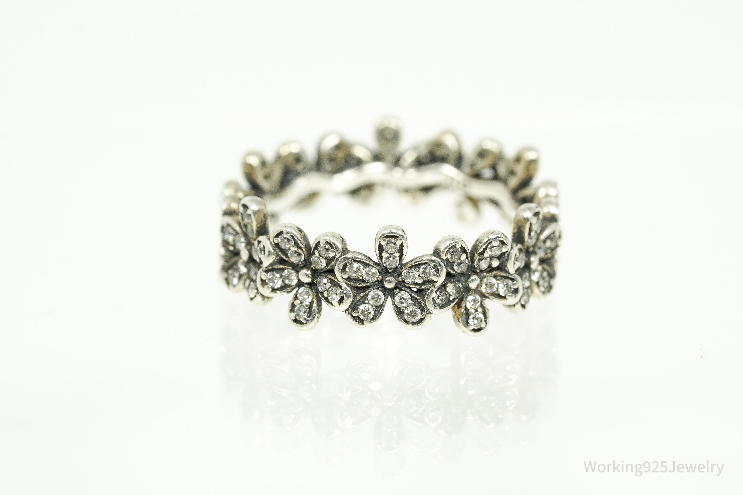 Cubic Zirconia Daisies Sterling Silver Ring - Size 6.25