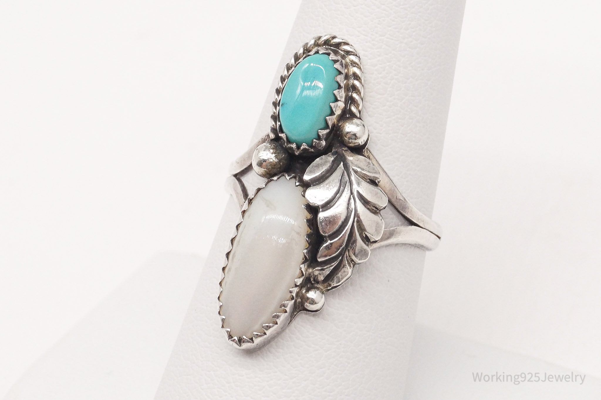 Vintage Native American Turquoise Mother Of Pearl Silver Ring - Size 7.75