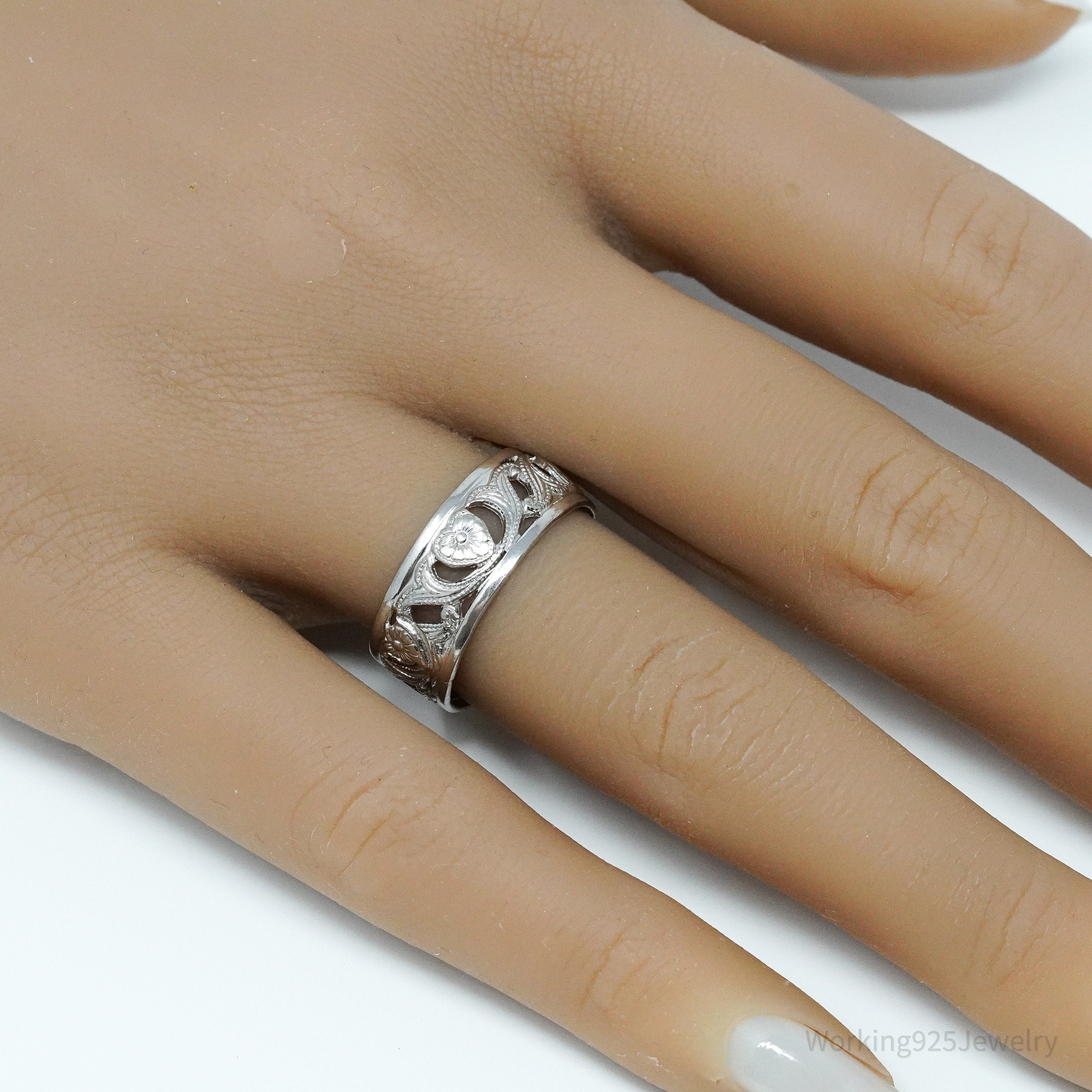 Antique Designer Uncas MFG Co Ornate Sterling Silver Band Ring - Size 8.25