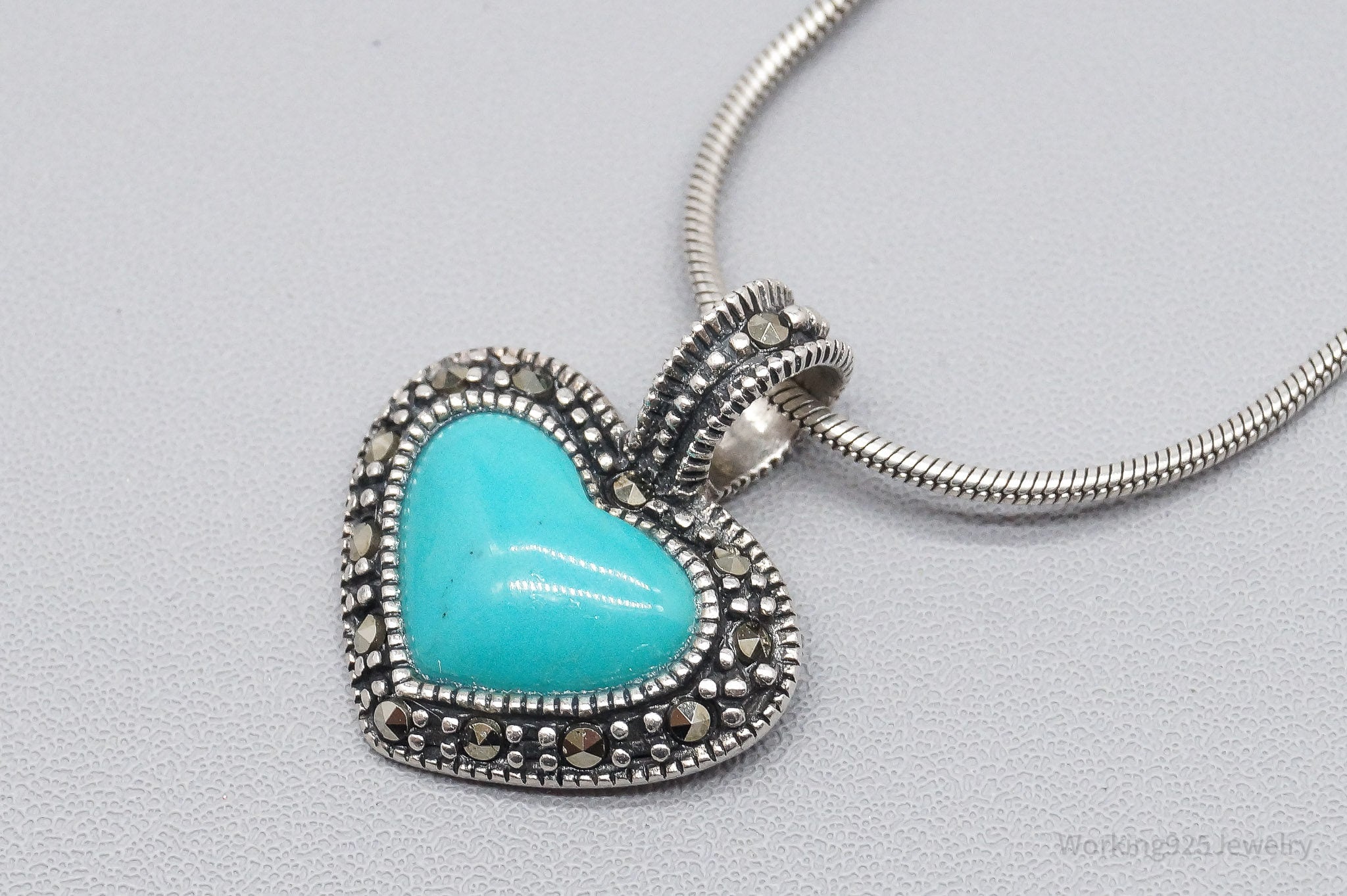 Vintage Turquoise Marcasite Heart Sterling Silver Necklace 16"