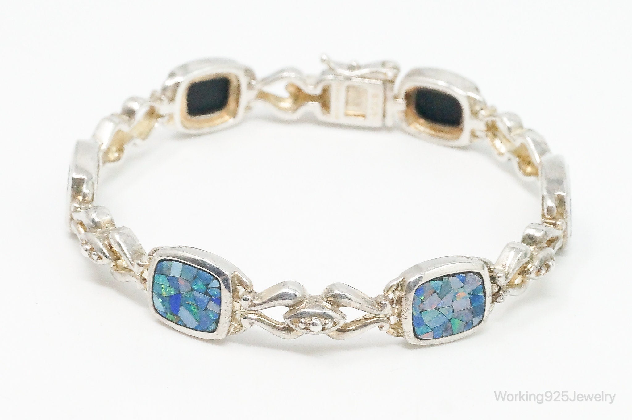 Vintage Mosaic Blue Fire Opal Inlay Sterling Silver Bracelet