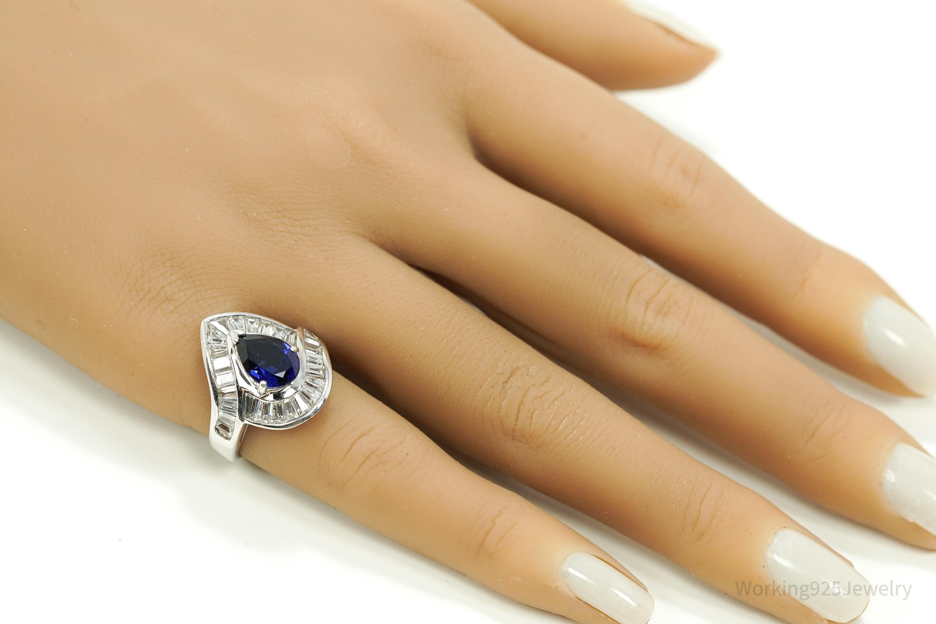 Vintage Lab Sapphire & Cubic Zirconia Rhodium Plated Sterling Silver Ring - Size 6