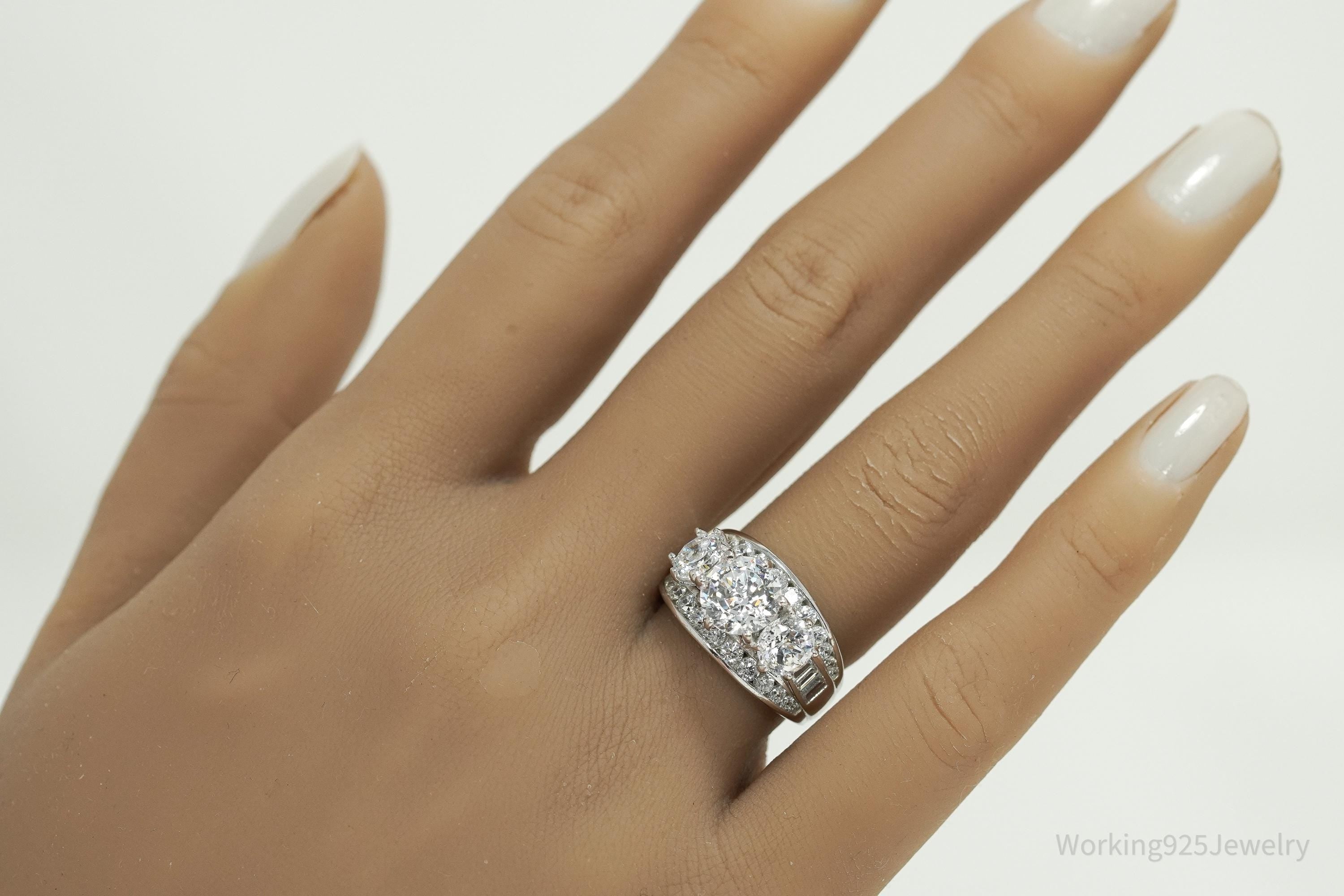 Vintage Cubic Zirconia Platinum Clad Sterling Silver Ring - Size 6.25