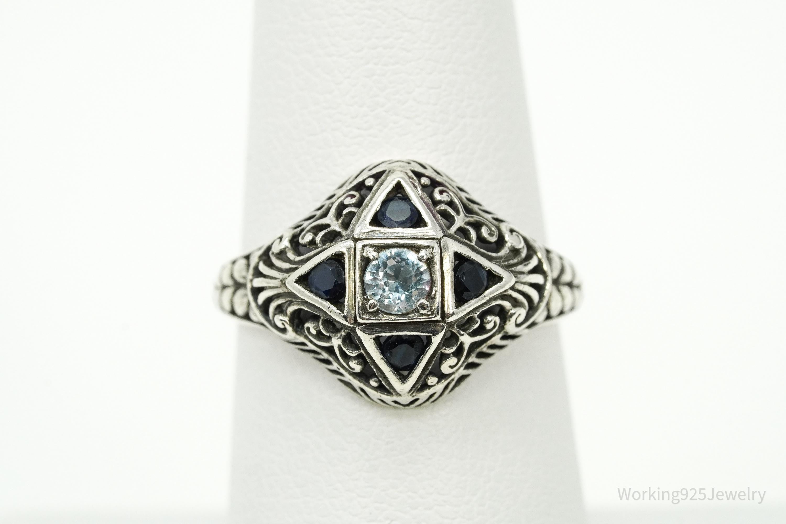 Vintage CNA Blue Topaz Sapphire Ornate Sterling Silver Ring - Size 7