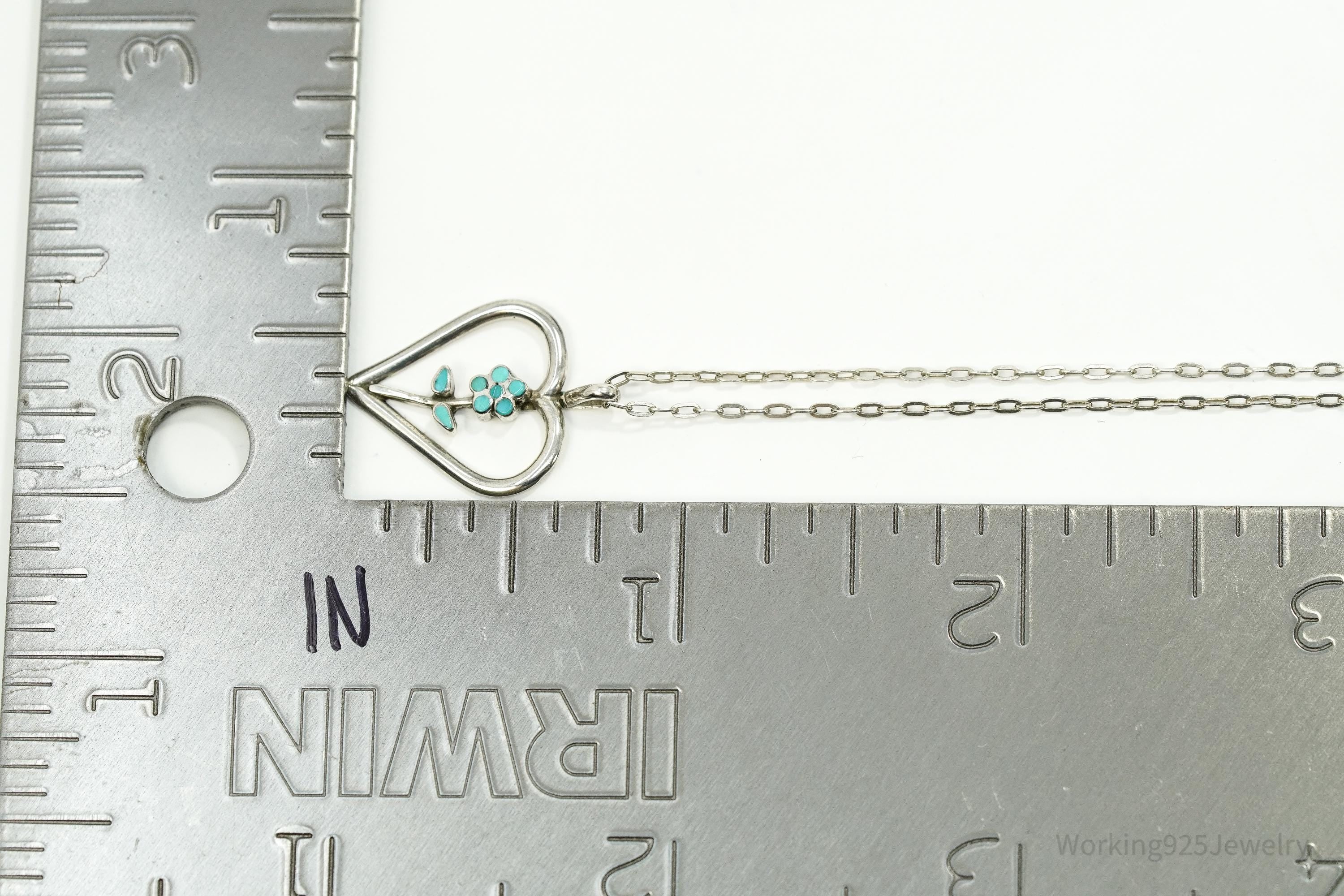 Vintage Turquoise Inlay Flower Heart Sterling Silver Chain Necklace 16"