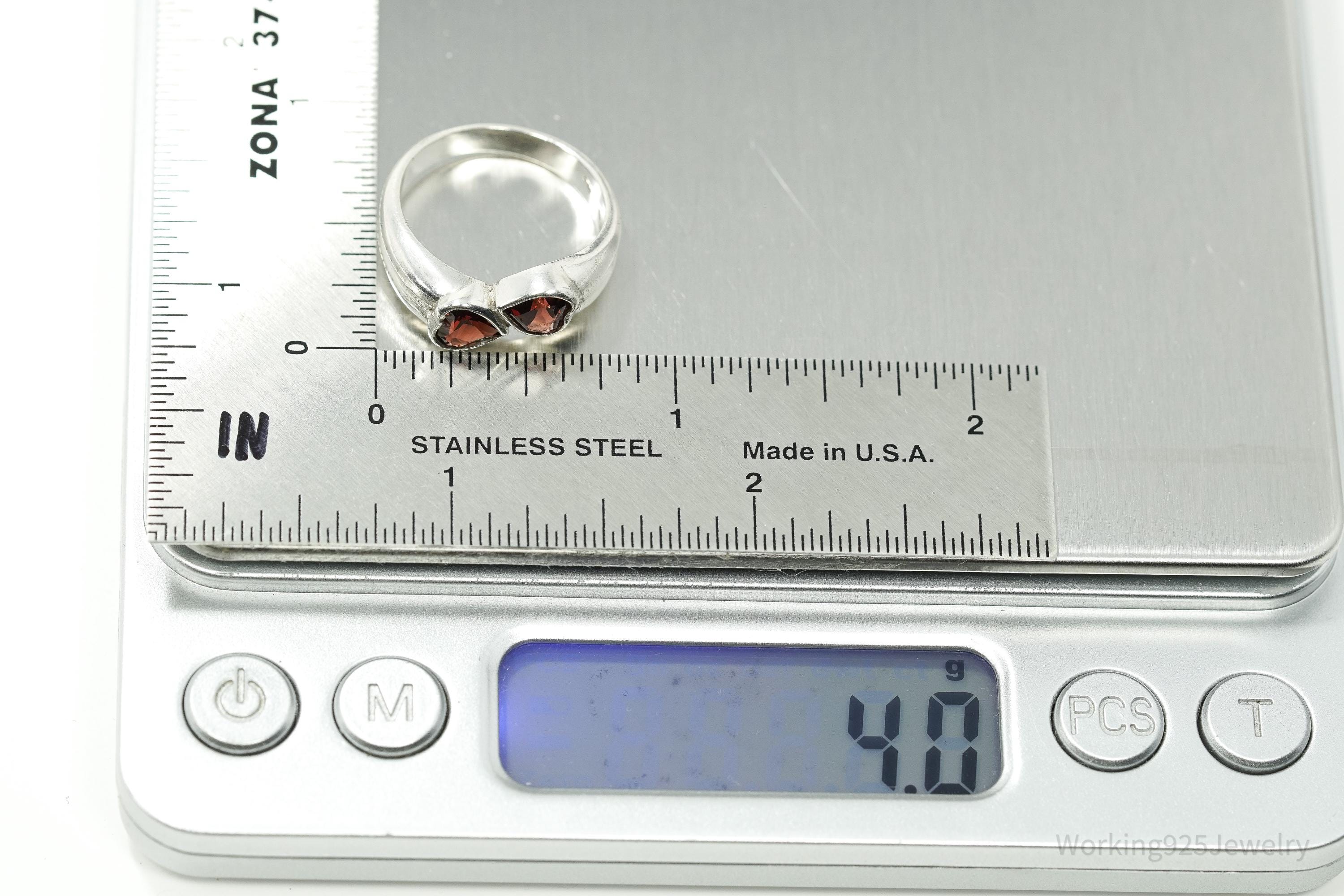 Vintage Garnet Hearts Sterling Silver Ring - Size 7.25