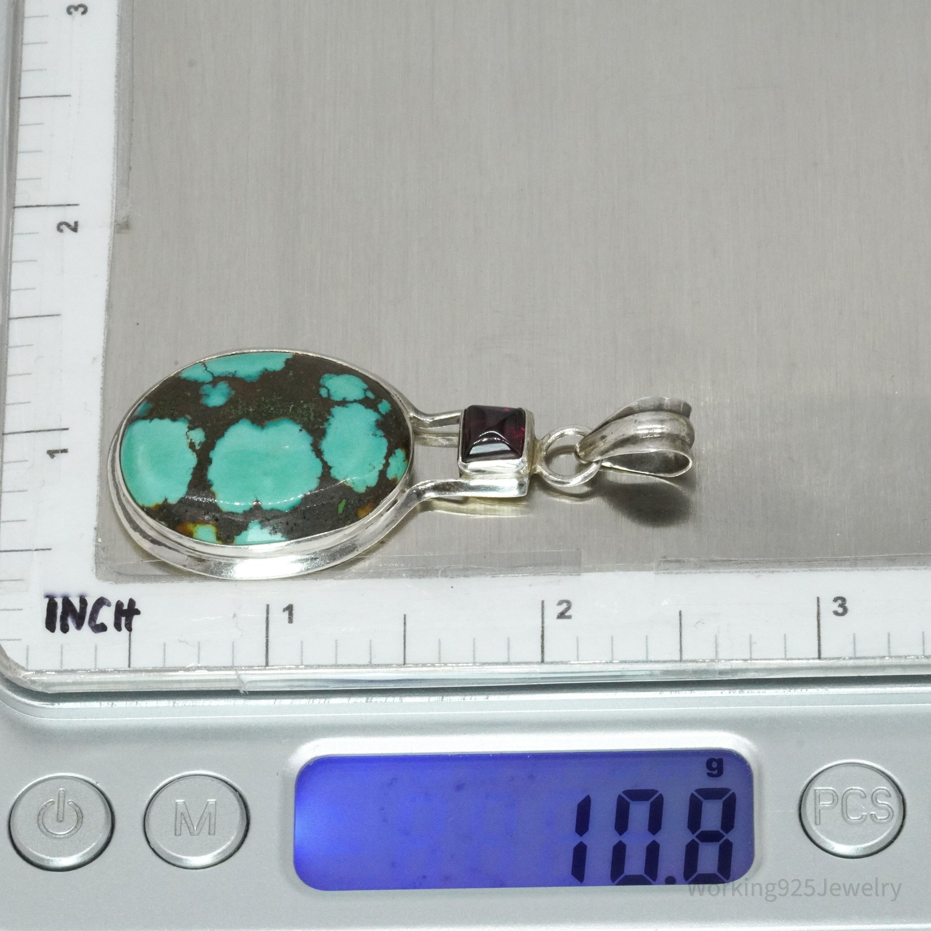Vintage Turquoise & Rhodolite Garnet Sterling Silver Pendant