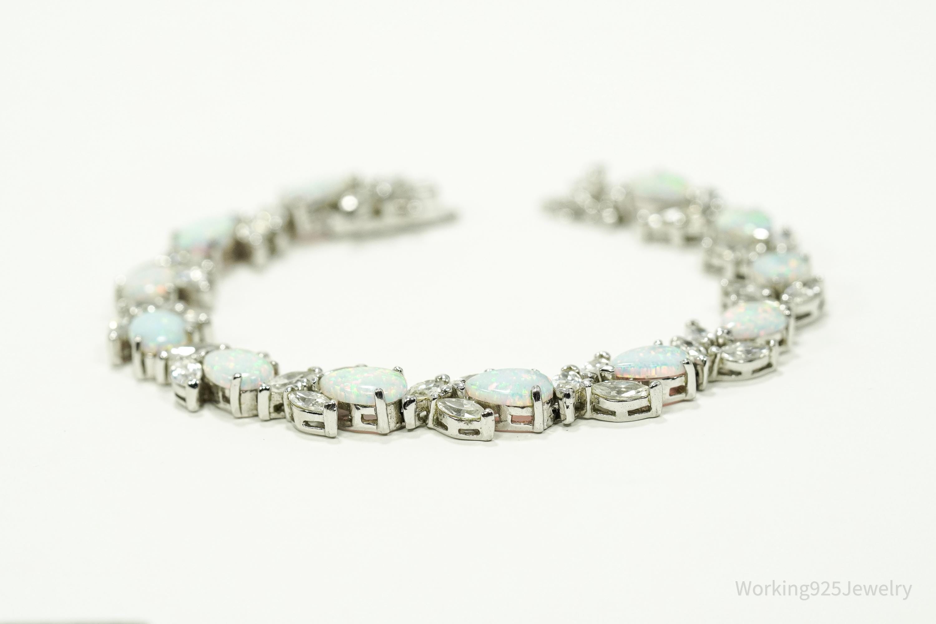 Vintage Opal & Cubic Zirconia Sterling Silver Bracelet 7 3/8"