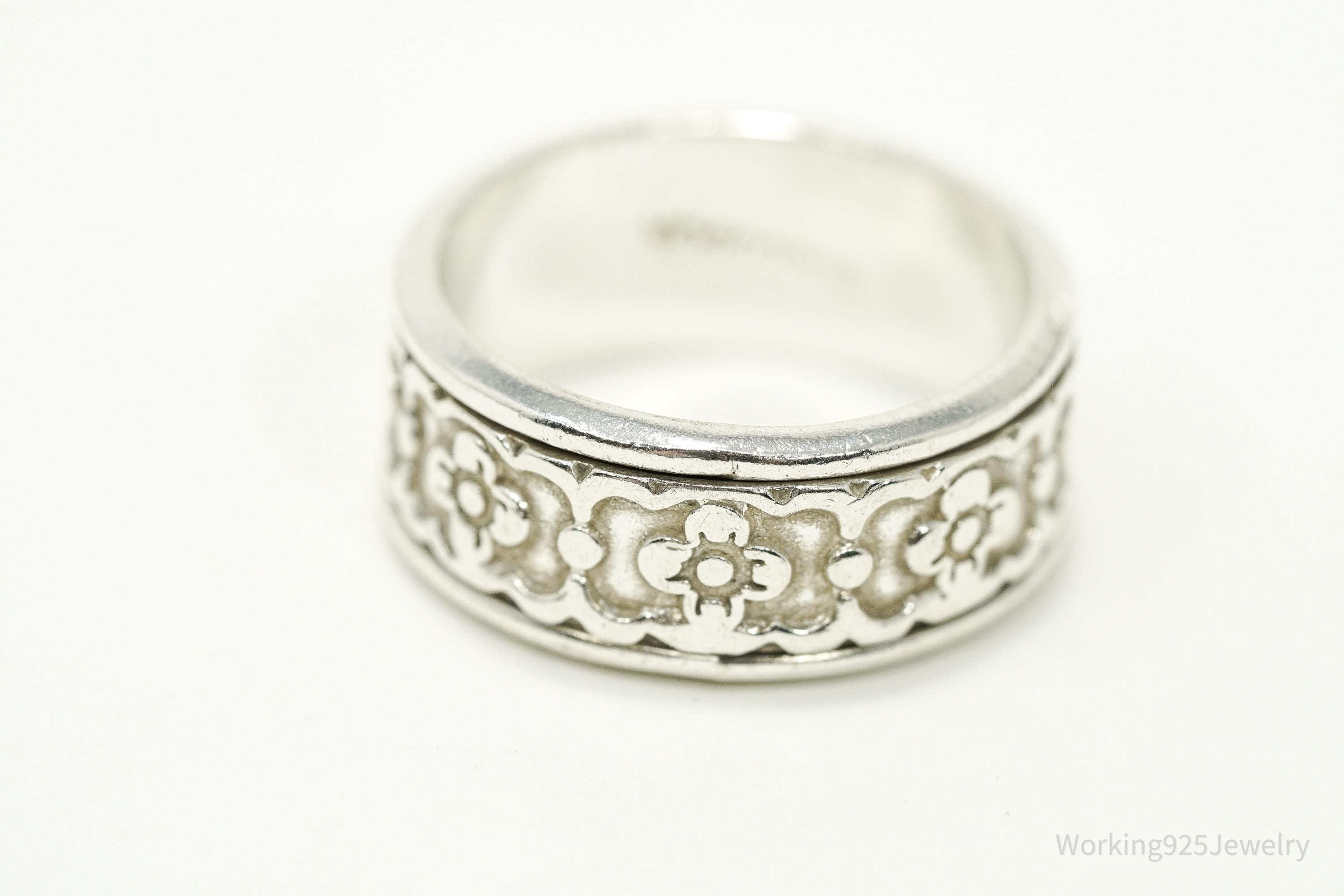 Vintage Mexico Flowers Pattern Sterling Silver Band Ring - Size 11.5