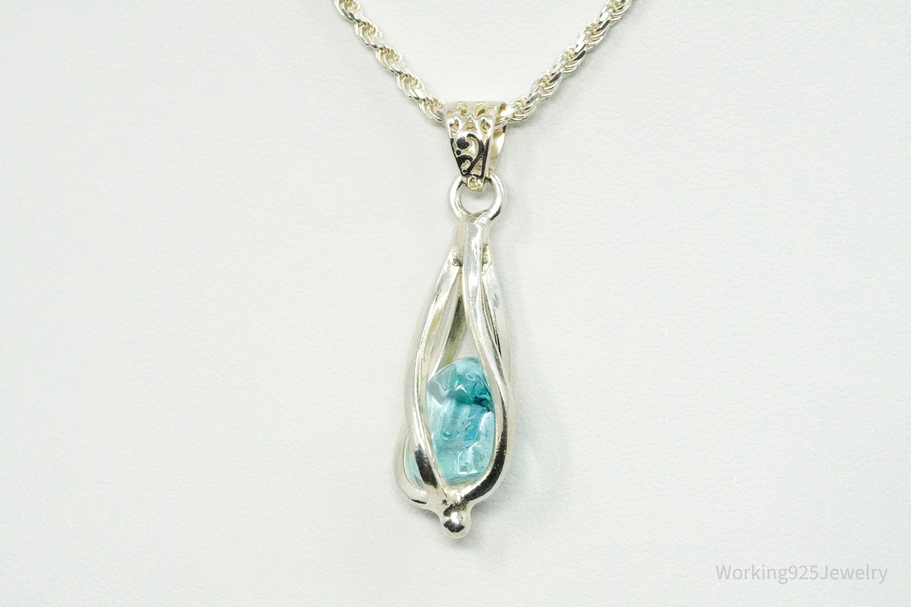 Vintage Caged Blue Stone Sterling Silver Necklace 18"