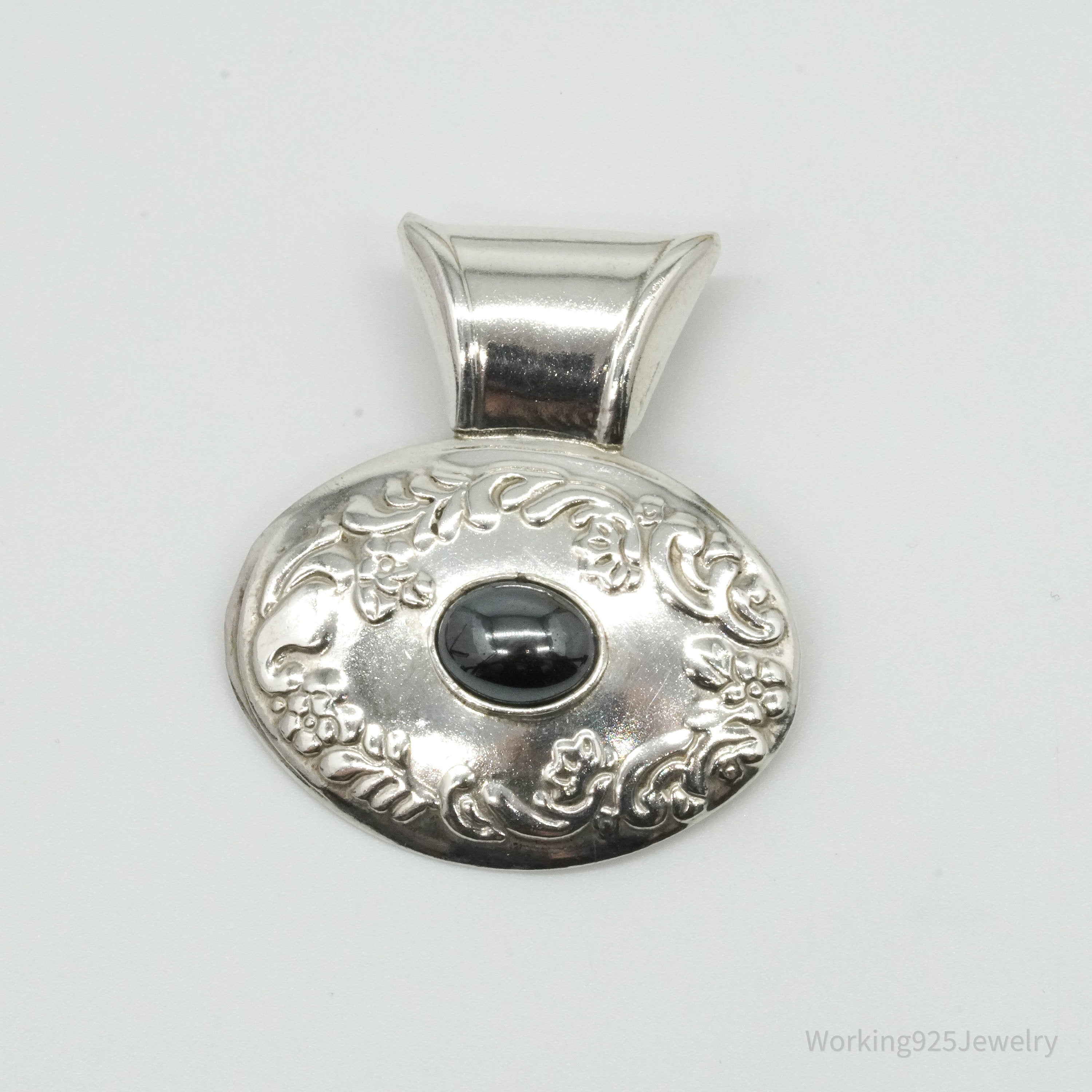 Large Vintage Mexico Hematite Floral Sterling Silver Pendant
