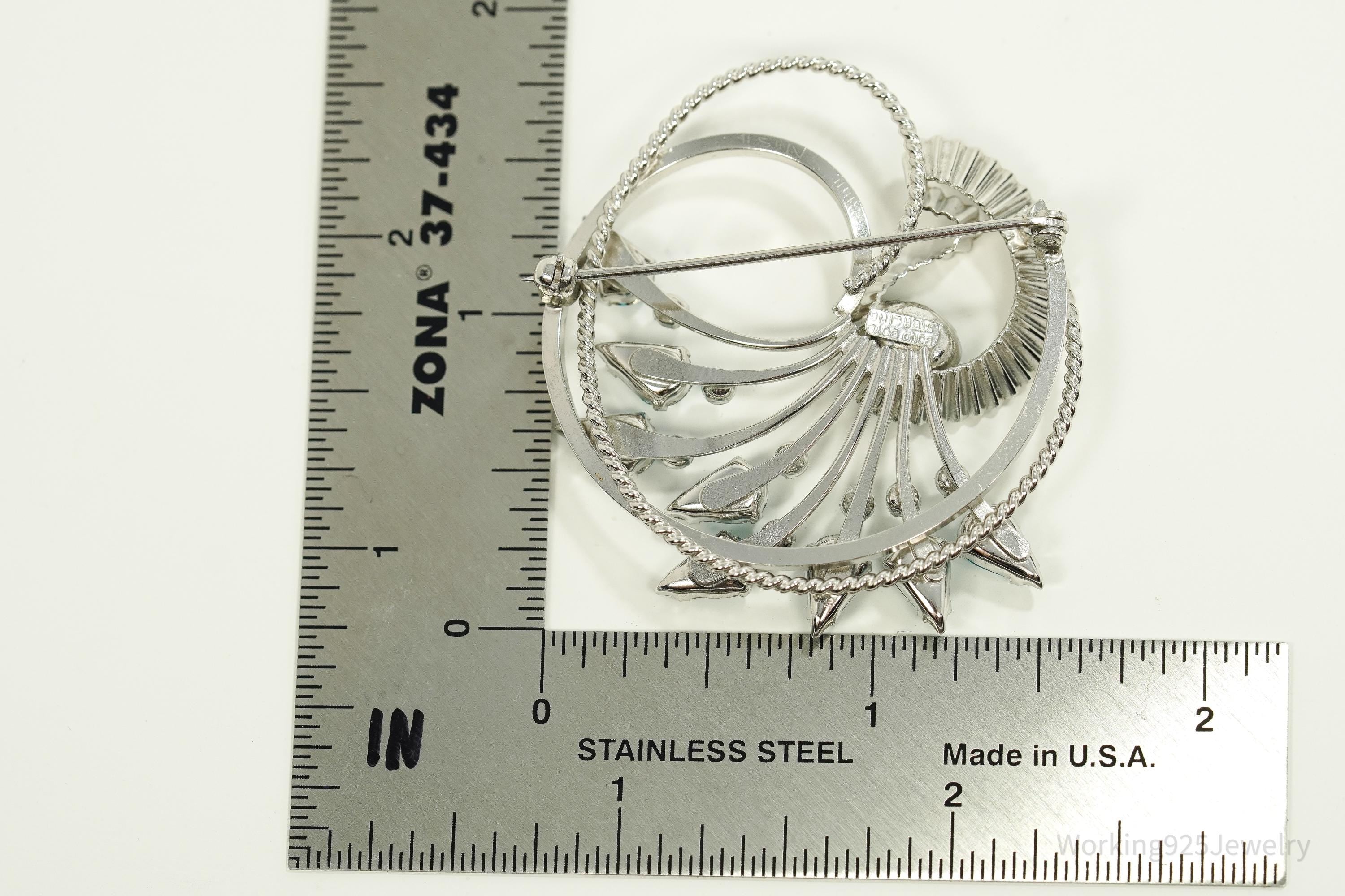 Vintage Designer BOND BOYD Blue Rhinestone Art Deco Sterling Silver Brooch Pin