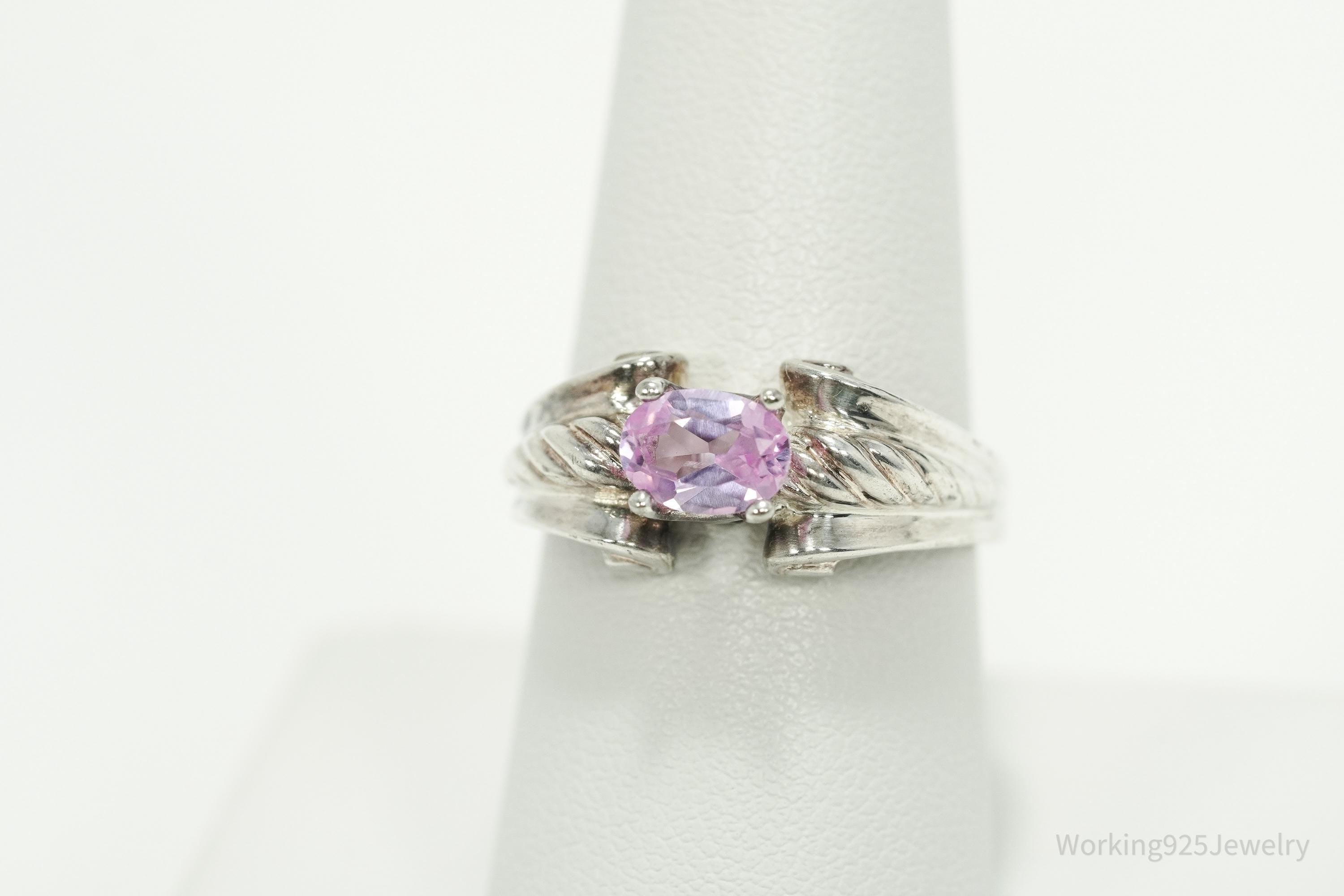 Vintage Lab Pink Sapphire Sterling Silver Ring - Size 8.25