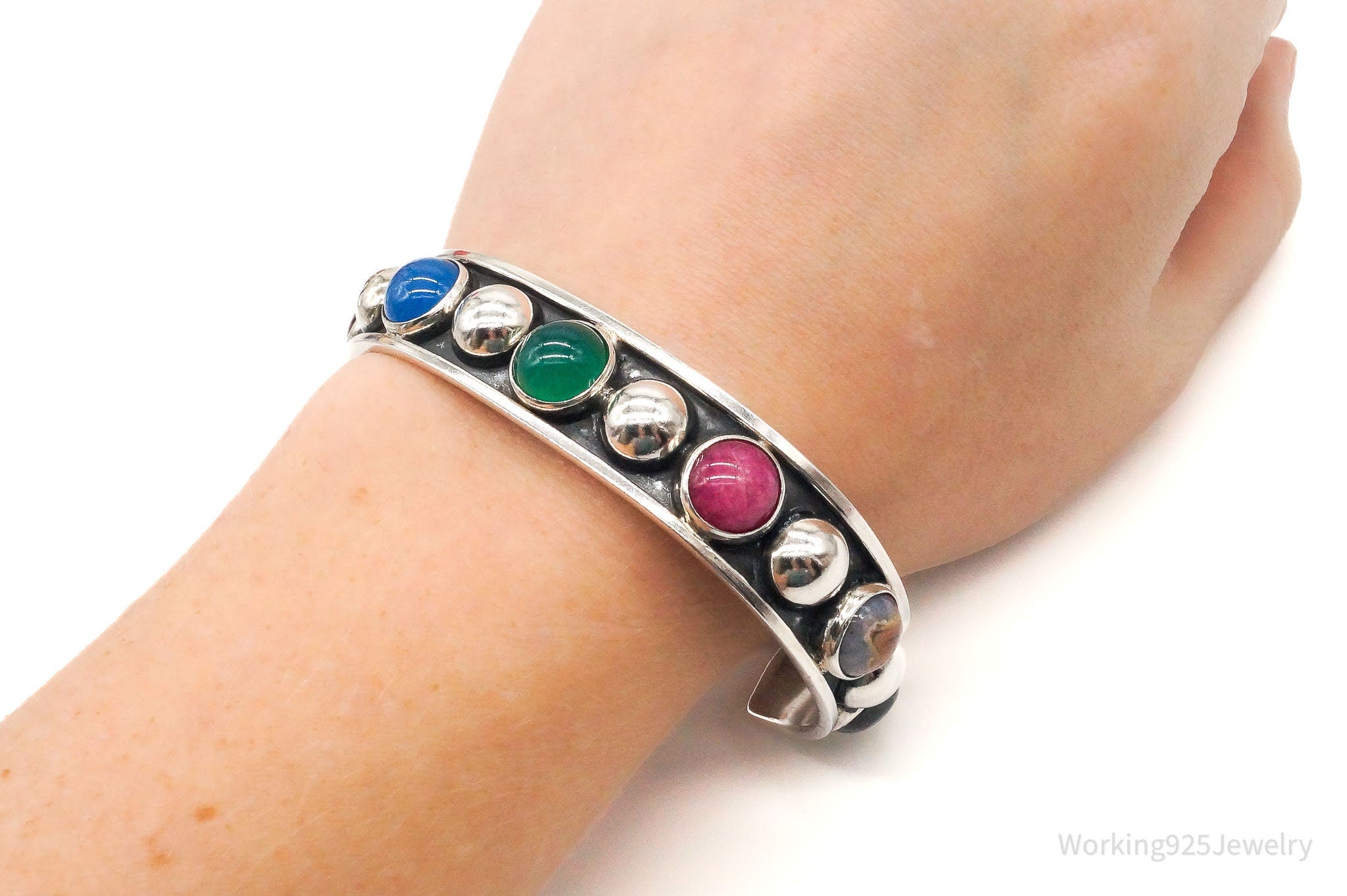 Vintage Mexico Multi Gemstone Sterling Silver Cuff Bracelet