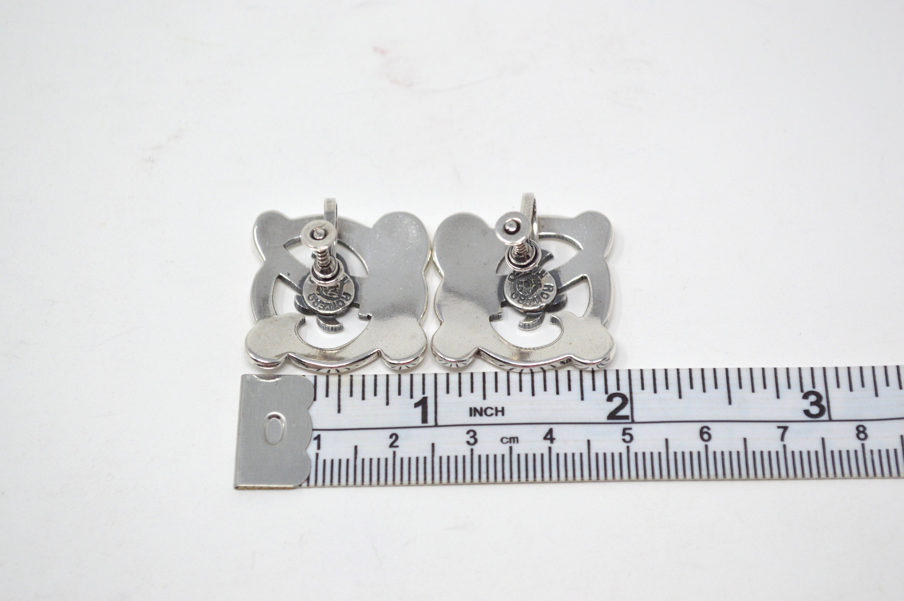 Vintage Taxco Mexico Romero Sterling Silver Cutout Screw Back Clip On Earrings