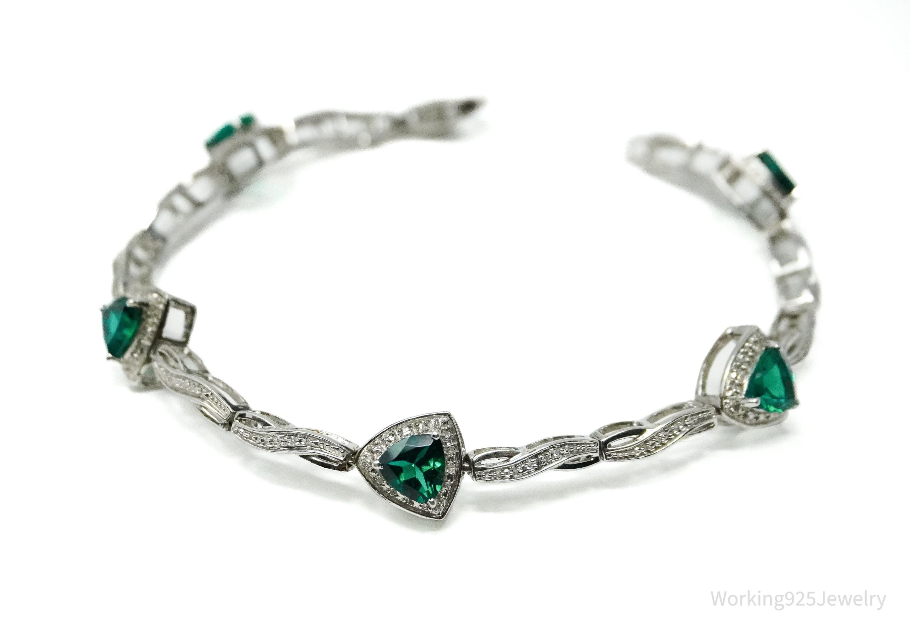 Vintage JWBR Lab Emerald & Single Diamond Sterling Silver Bracelet 7.25"