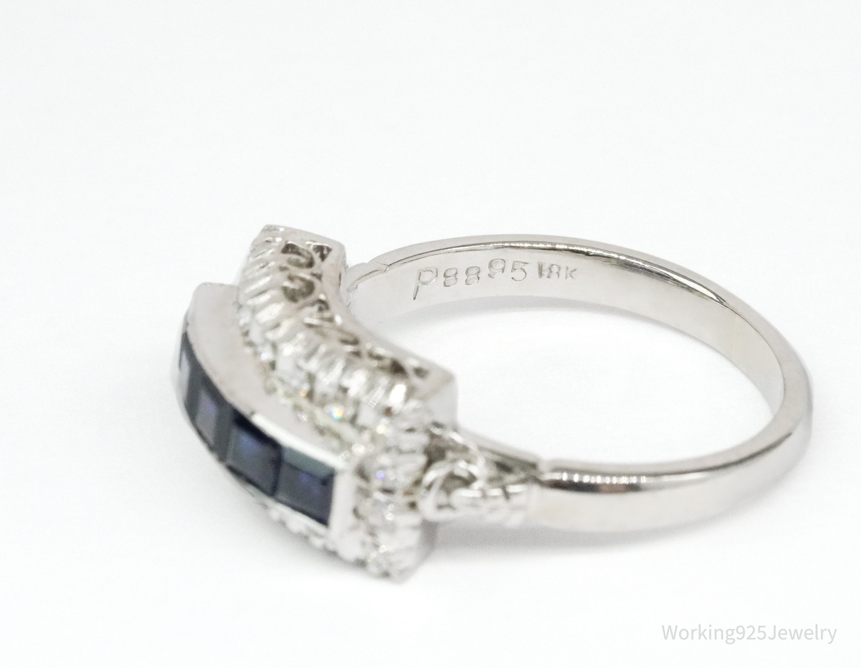 Art Deco Palladium 18K White Gold, Diamonds and Sapphires Ring Size - 8.75