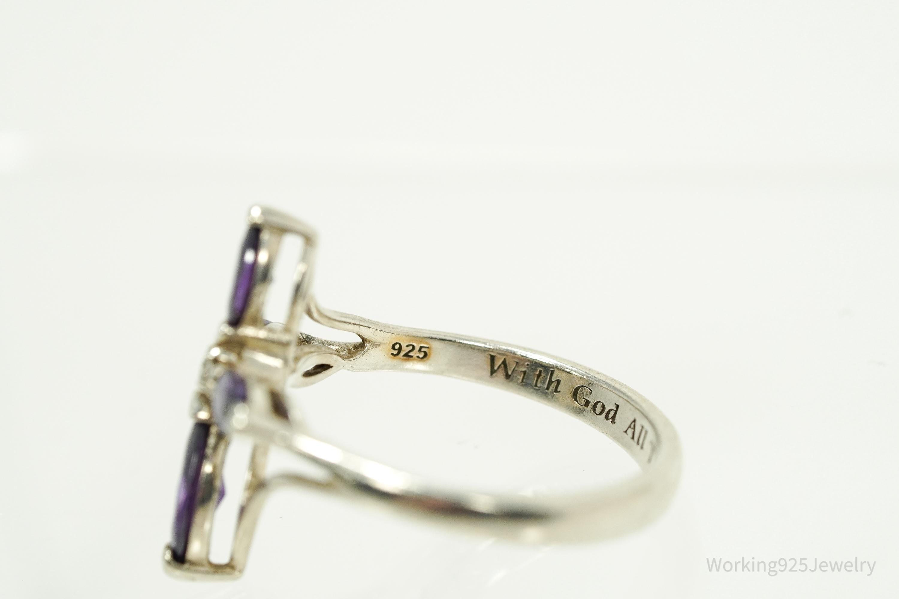 Vintage Amethyst "With God All Things Are Possible" White Sapphire Cross Sterling Silver Ring - Size 8