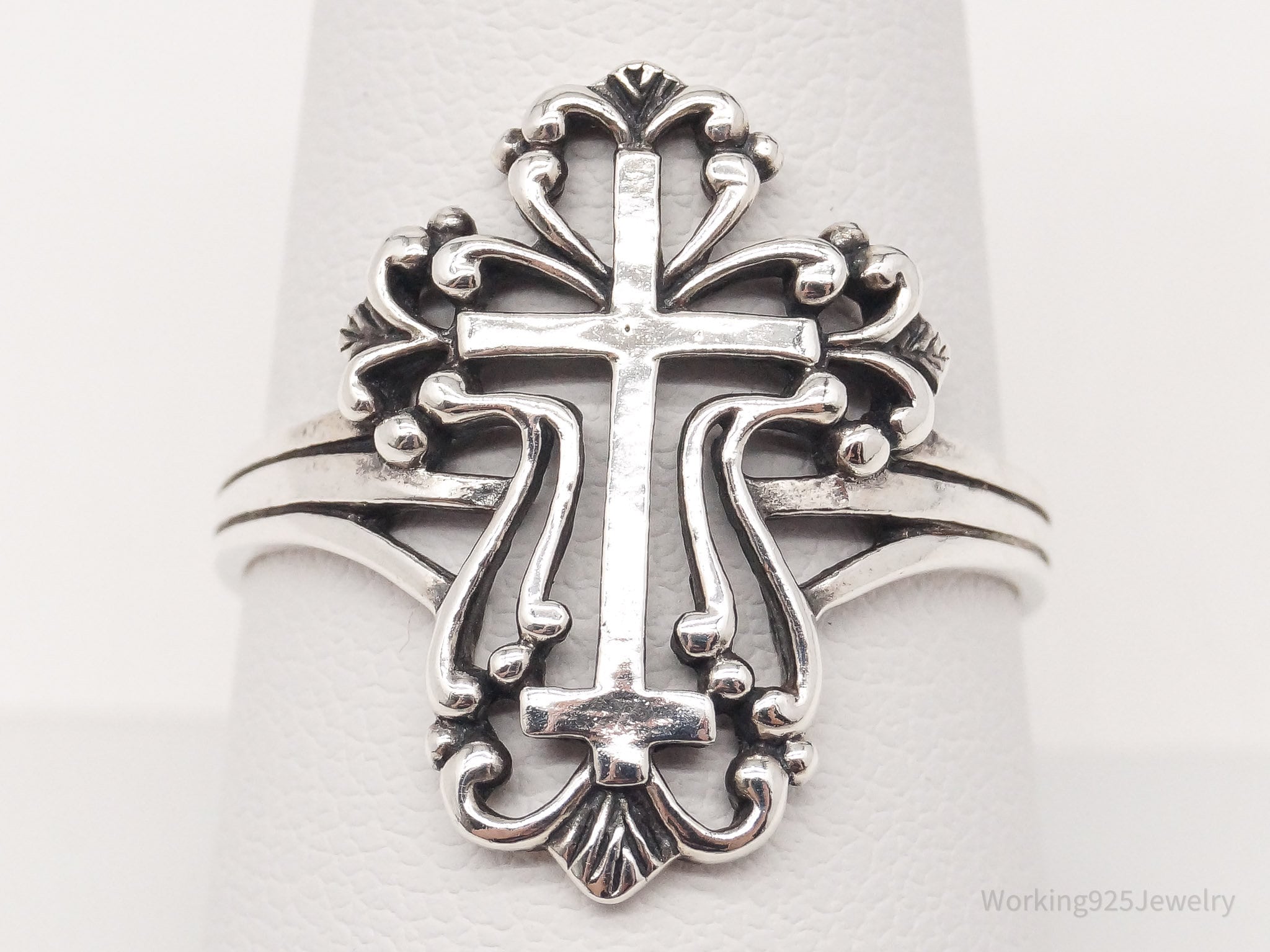 Vintage Ornate Cross Sterling Silver Ring - Size 8.75