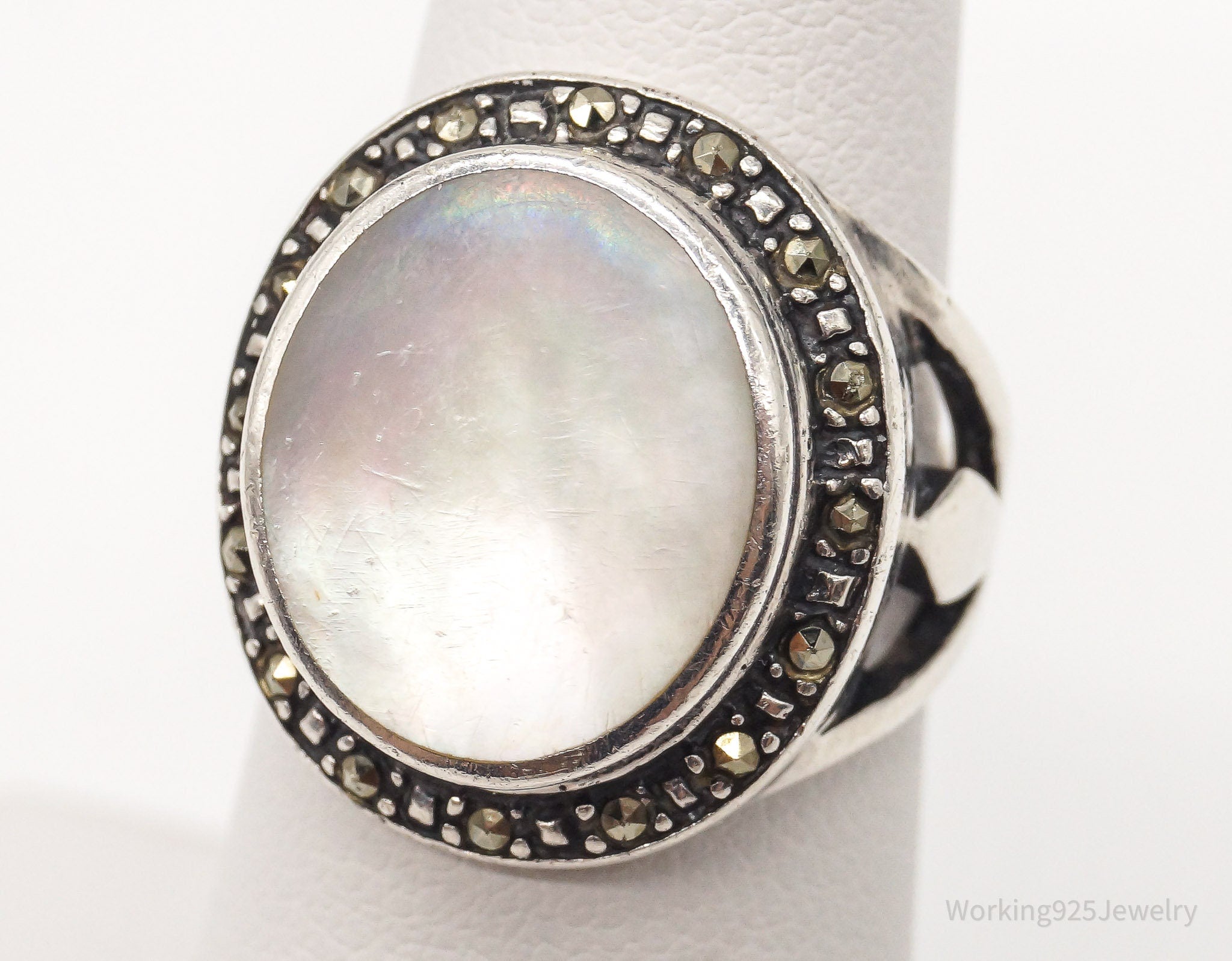 Vintage Mother Of Pearl Marcasite Sterling Silver Ring SZ 6