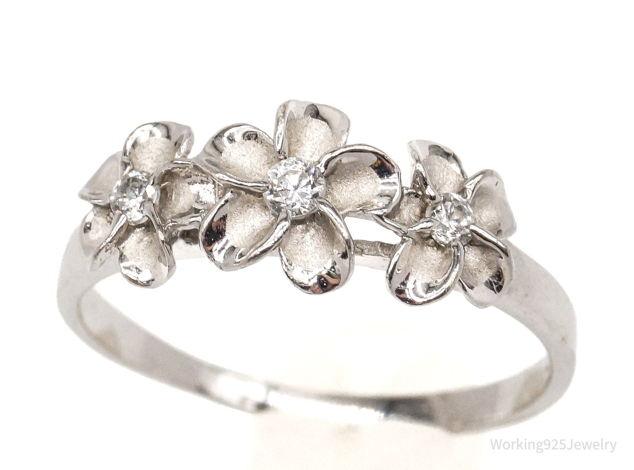 Vintage Cubic Zirconia Flowers Sterling Silver Ring - Size 7.25