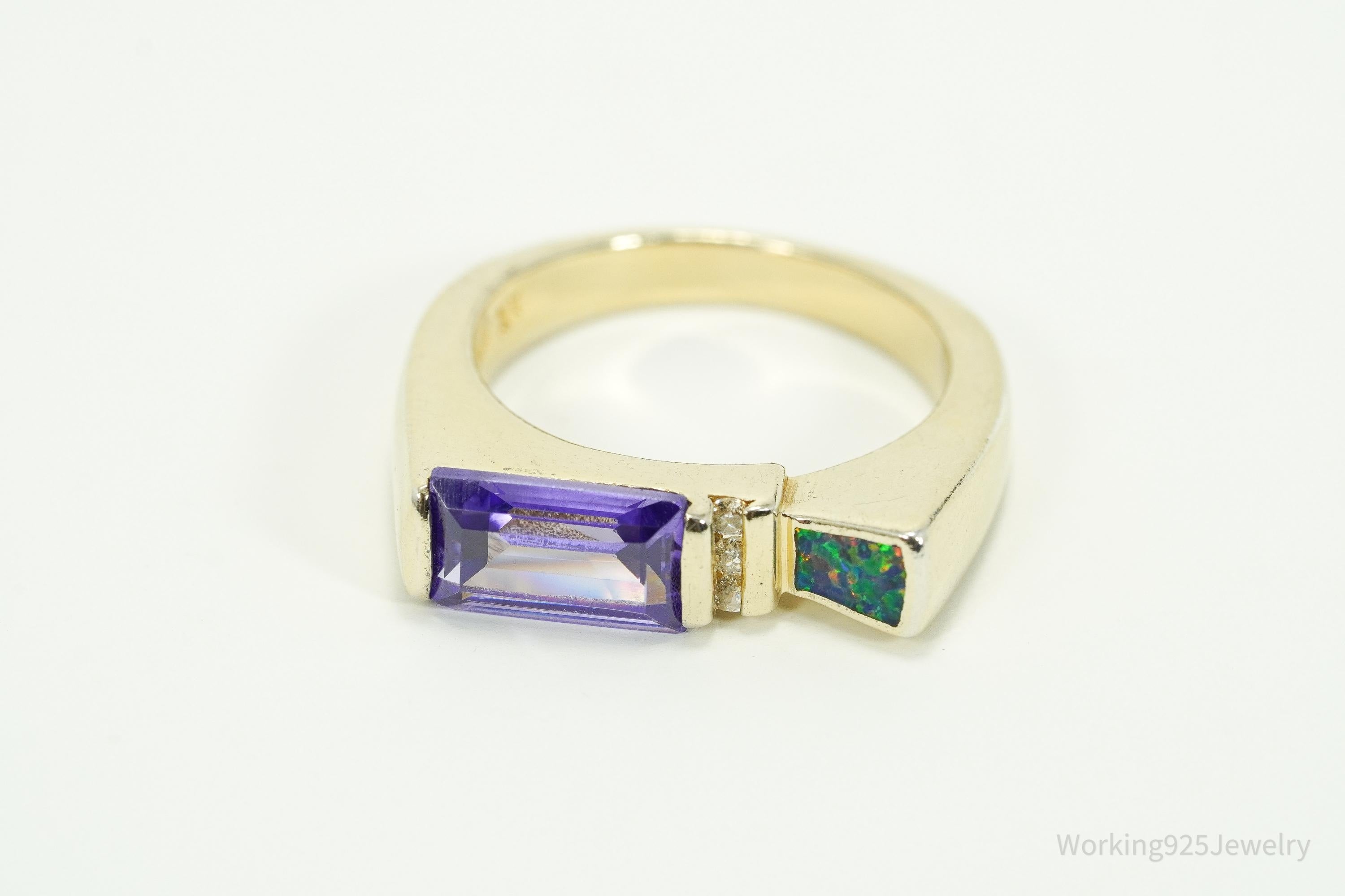 Vintage Designer AK Purple & White CZ Opal Gold Over Sterling Silver Ring - Size 8