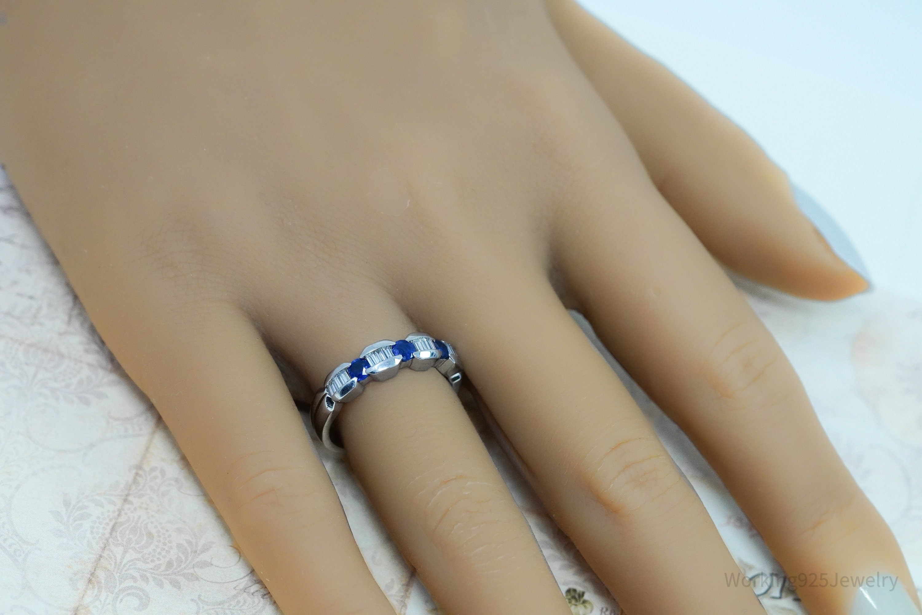 Platinum and Mixed Cut Sapphire and Diamond Prong Set Ring - Size 7.25