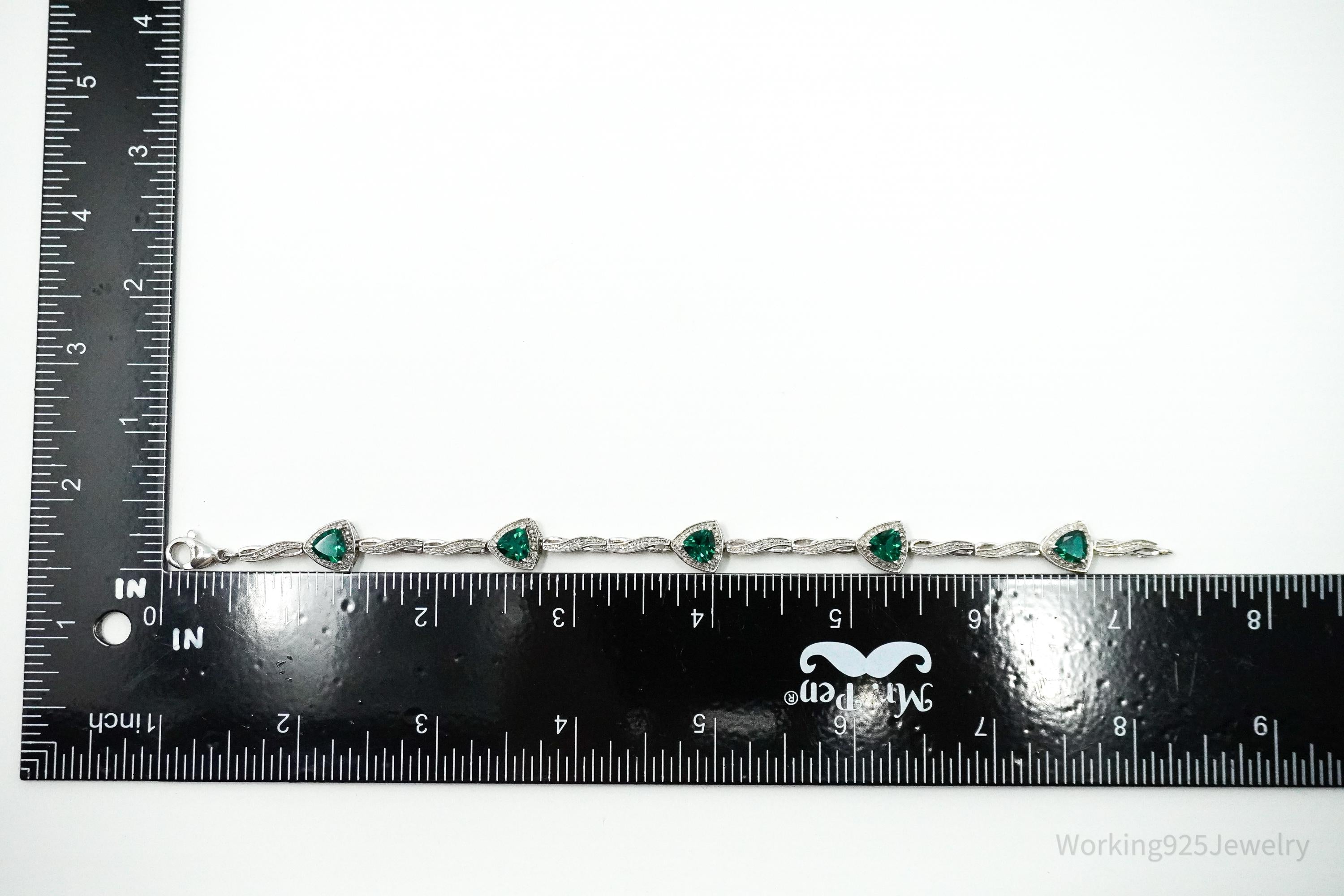 Vintage JWBR Lab Emerald & Single Diamond Sterling Silver Bracelet 7.25"