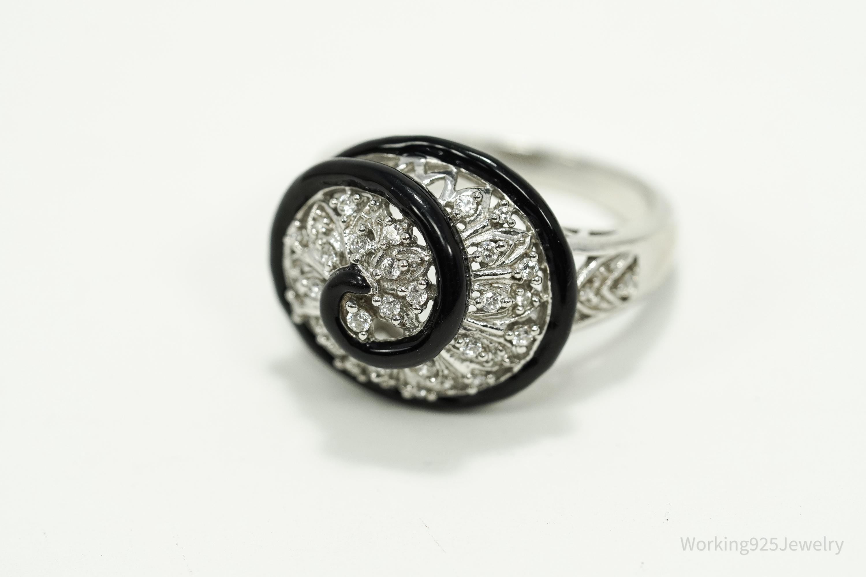 Vintage Designer Cubic Zirconia & Enamel Spiral Sterling Silver Ring - Size 9