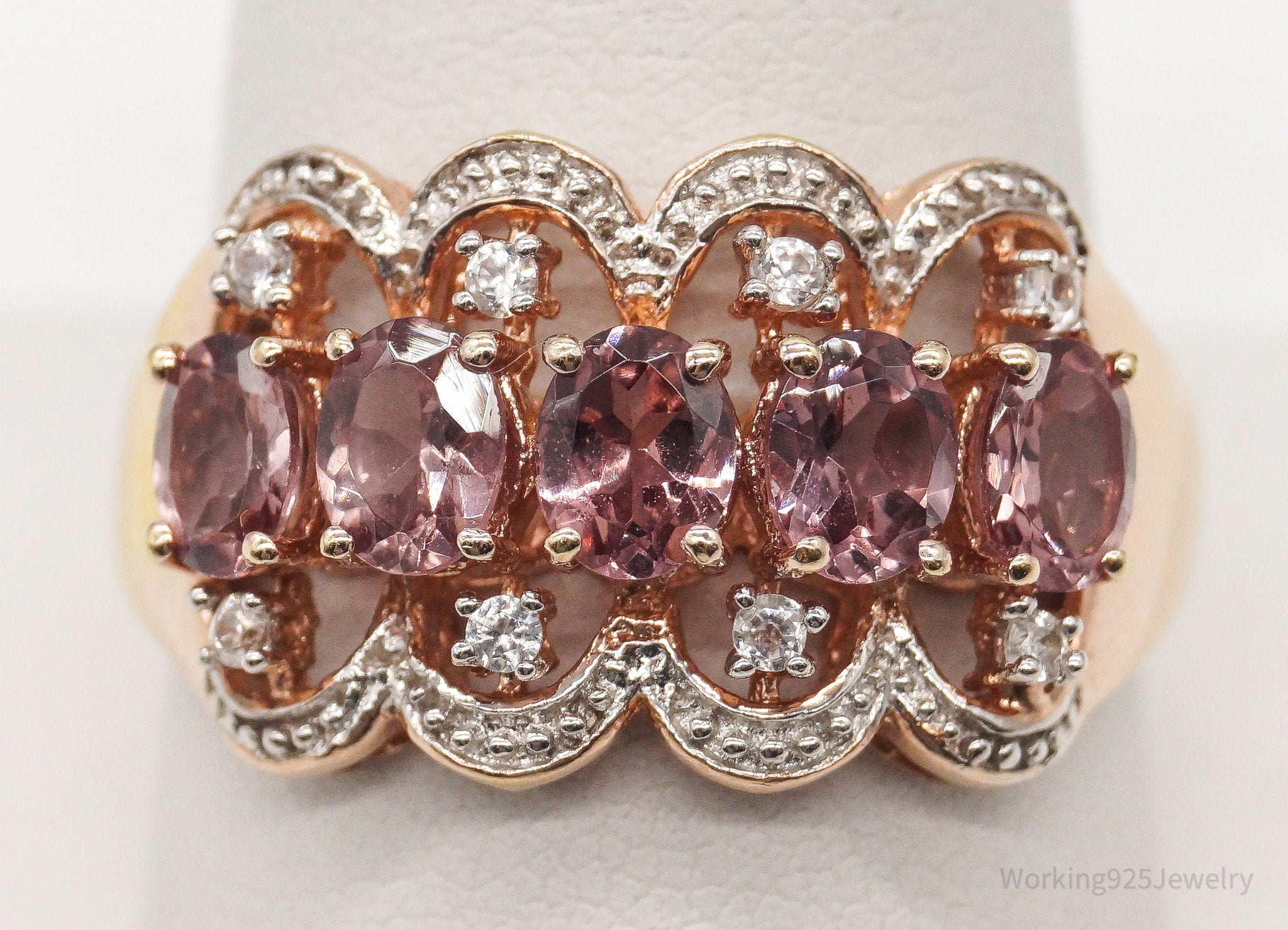 VTG Pink Tourmaline Cubic Zirconia Gold Vermeil Sterling Silver Ring SZ 10.25