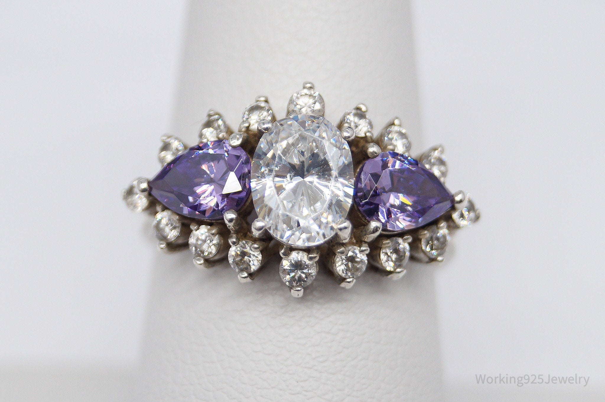 Vintage Purple & White Diamonique Cubic Zirconia Sterling Silver Ring - Size 8