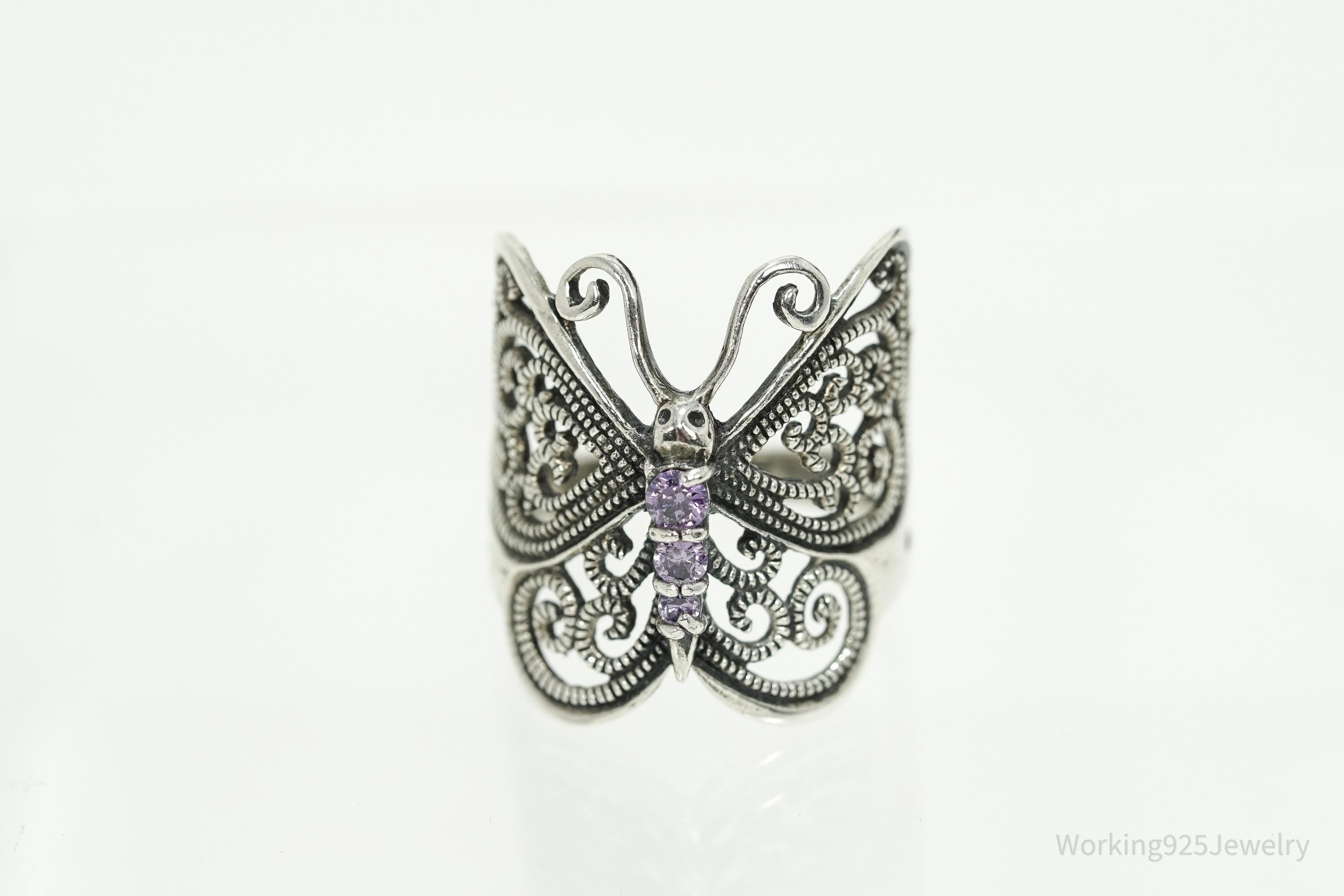 Vintage Amethyst Butterfly Sterling Silver Ring - Size 9.25