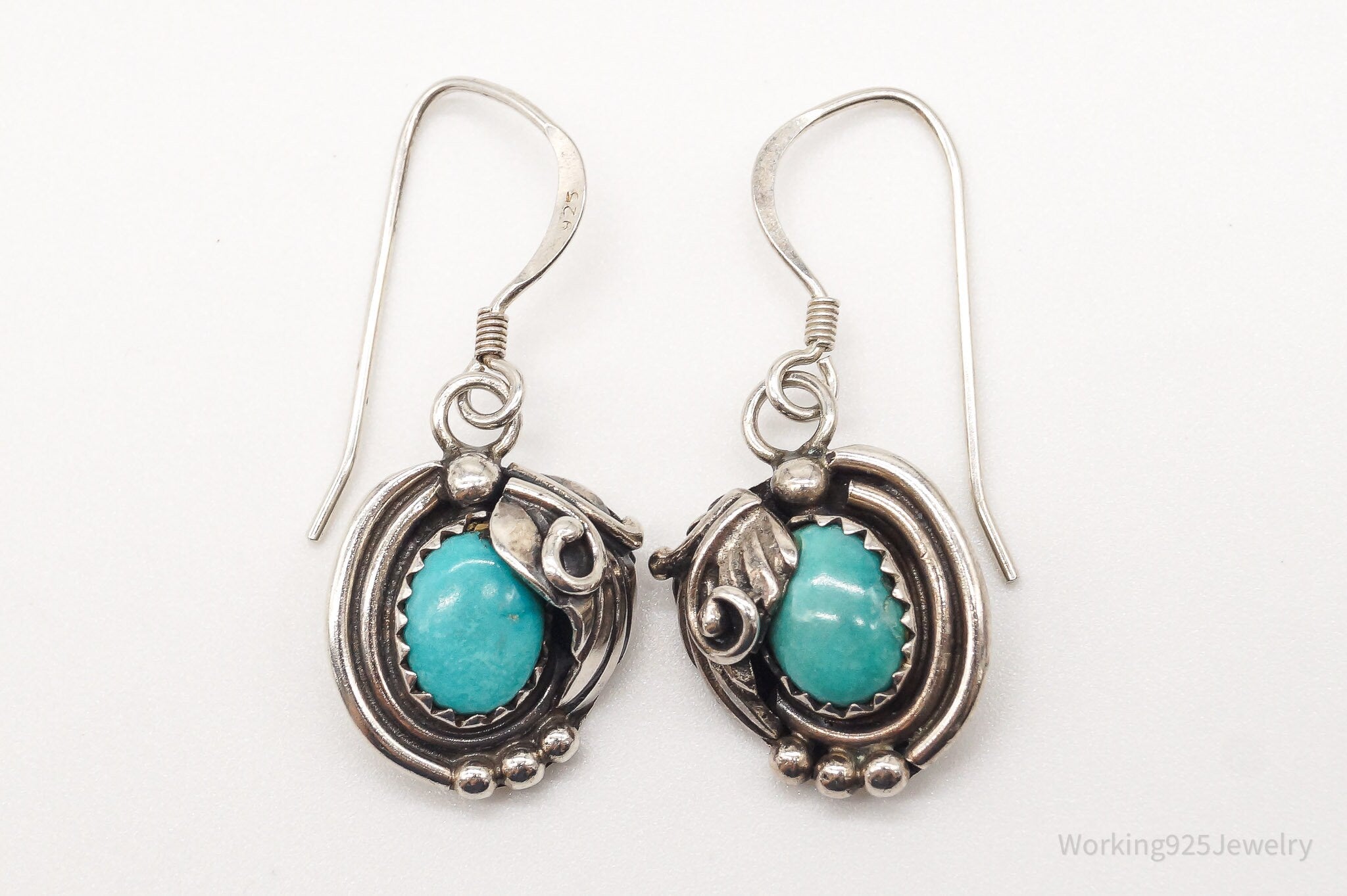 Vintage Native American Artisan LG Turquoise Sterling Silver Earrings