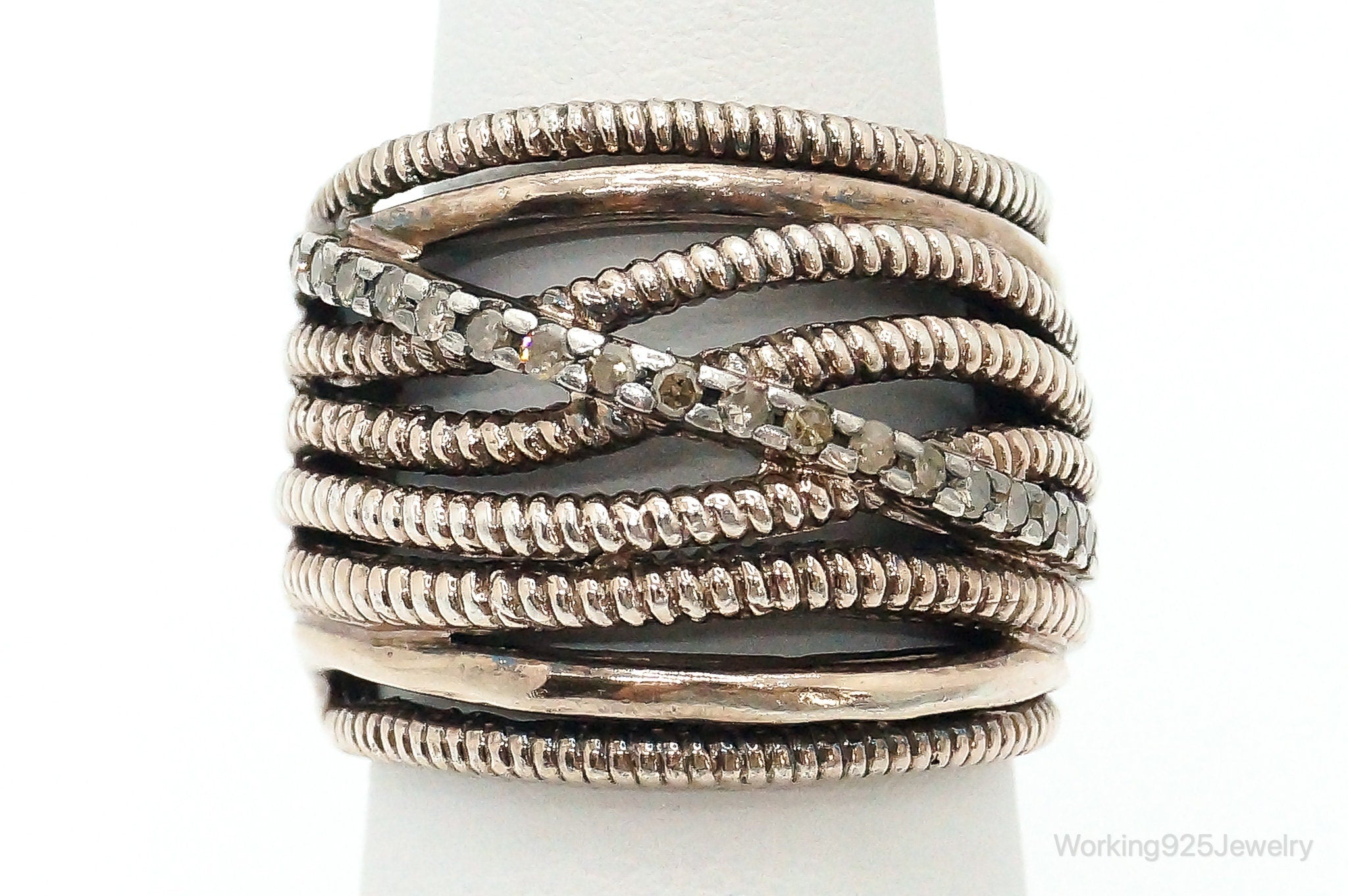 Vintage AK Cubic Zirconia Cable Sterling Silver Ring - Size 6