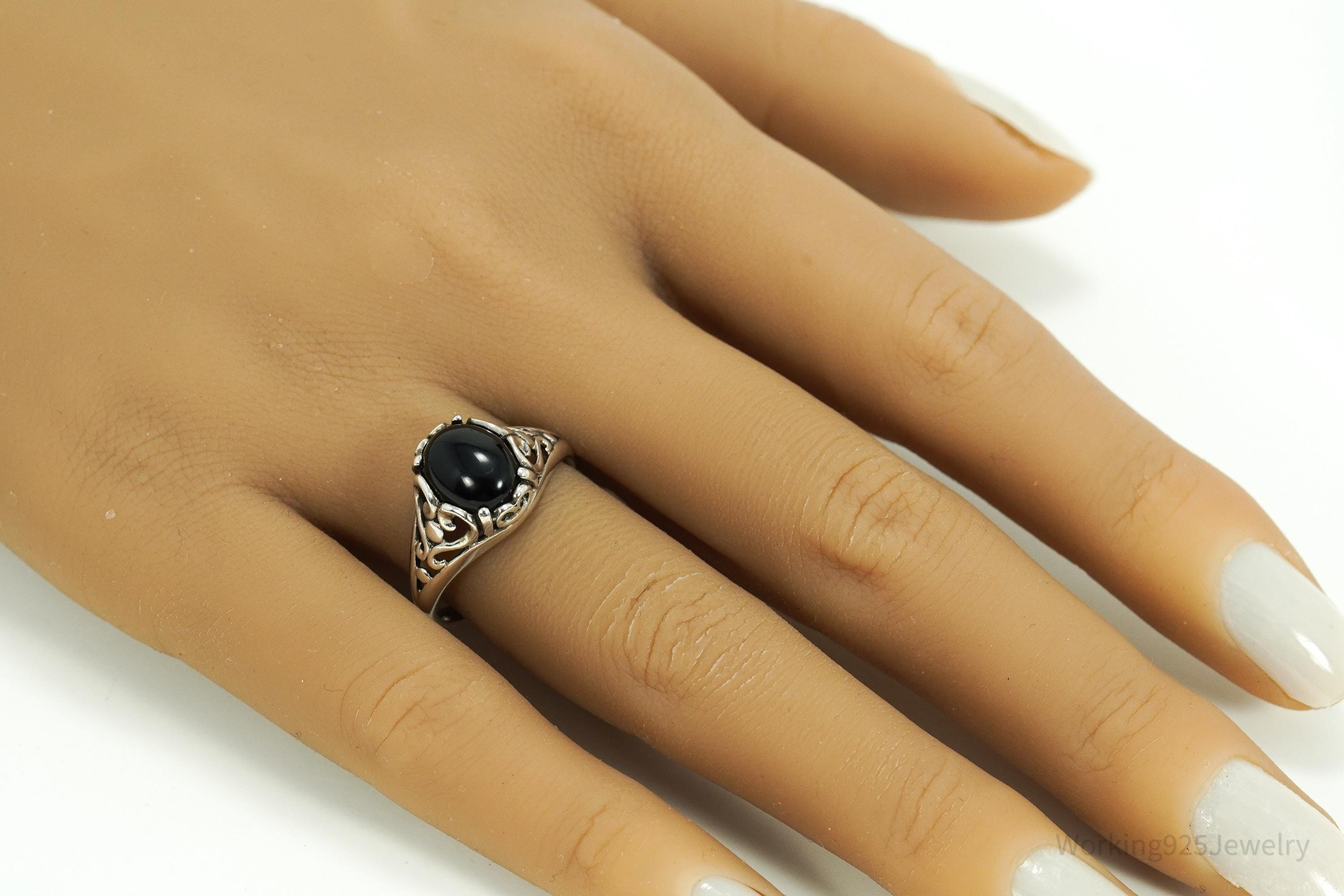 Vintage Designer Kabana Black Onyx Sterling Silver Ring - Size 8.25