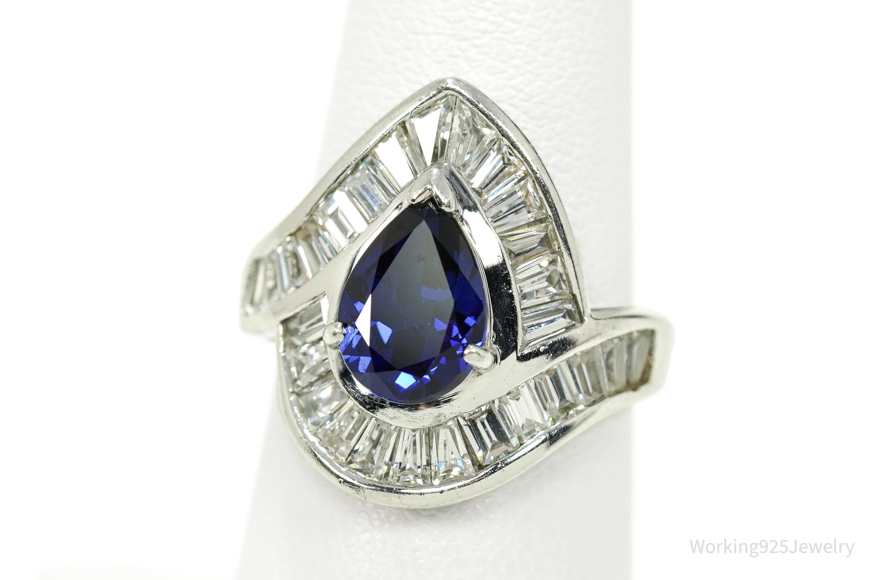 Vintage Lab Sapphire & Cubic Zirconia Rhodium Plated Sterling Silver Ring - Size 6