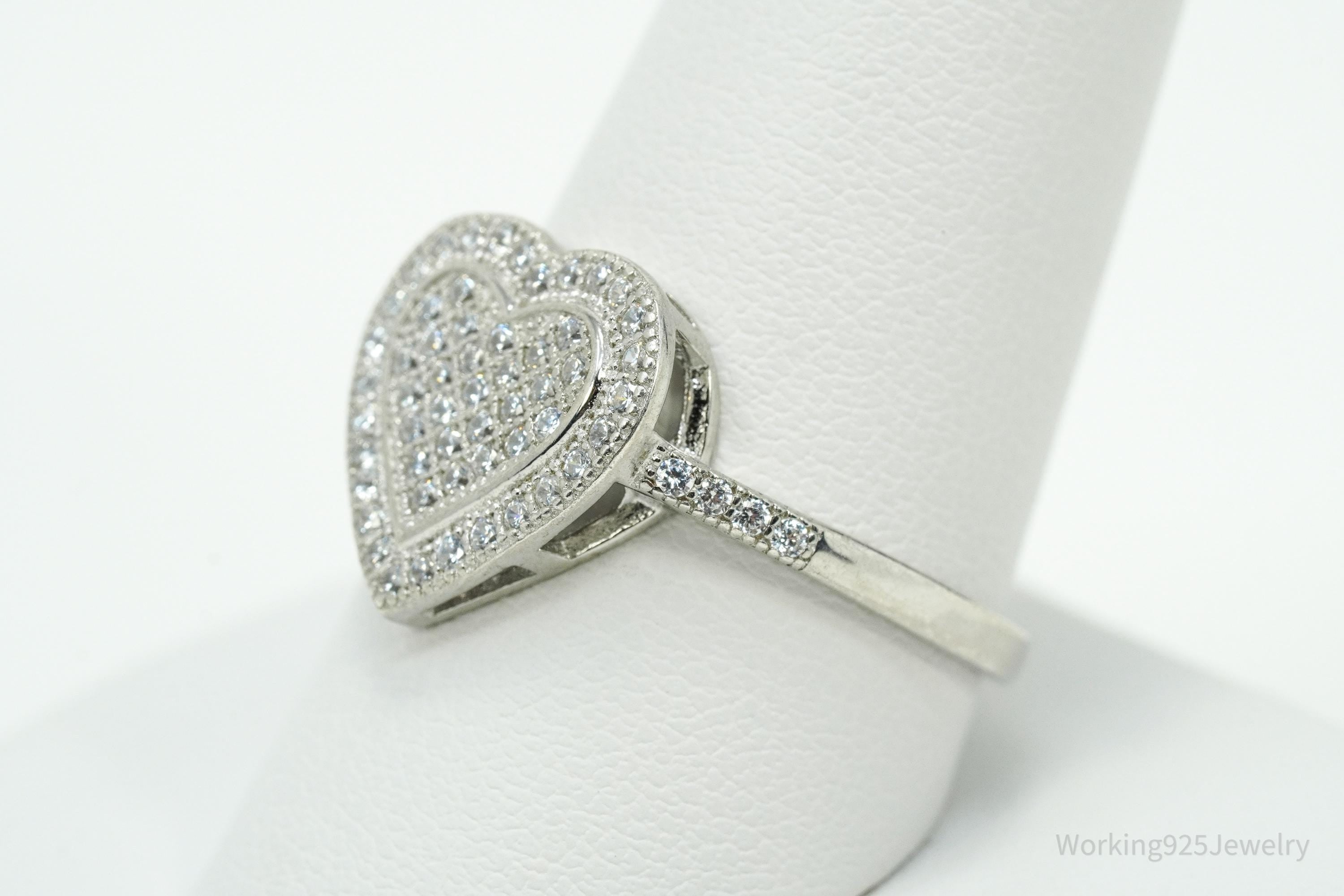 Vintage Cubic Zirconia Heart Sterling Silver Ring - Size 10.25