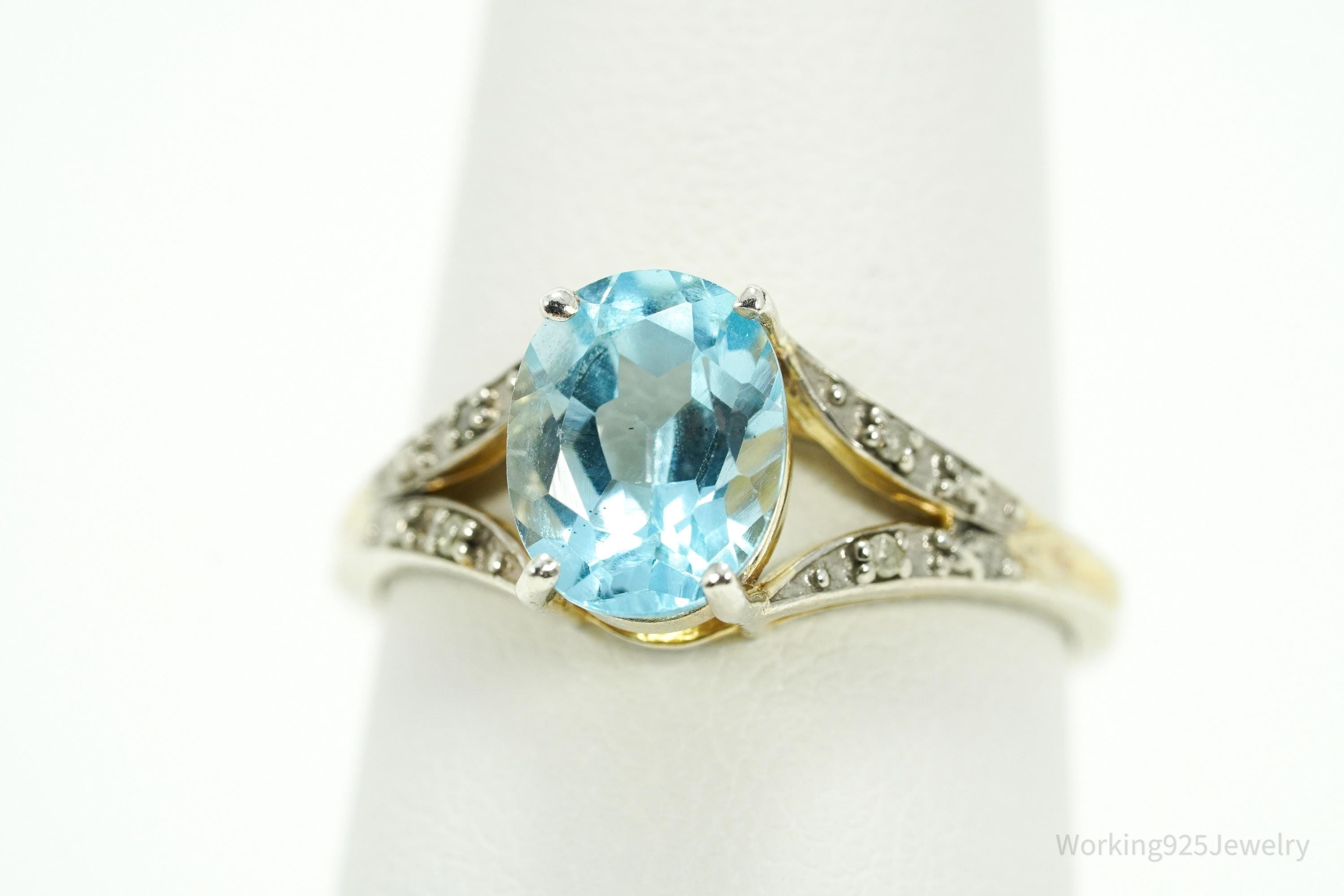 Vintage Blue Topaz & Diamond Gold Wash Sterling Silver Ring - Size 8