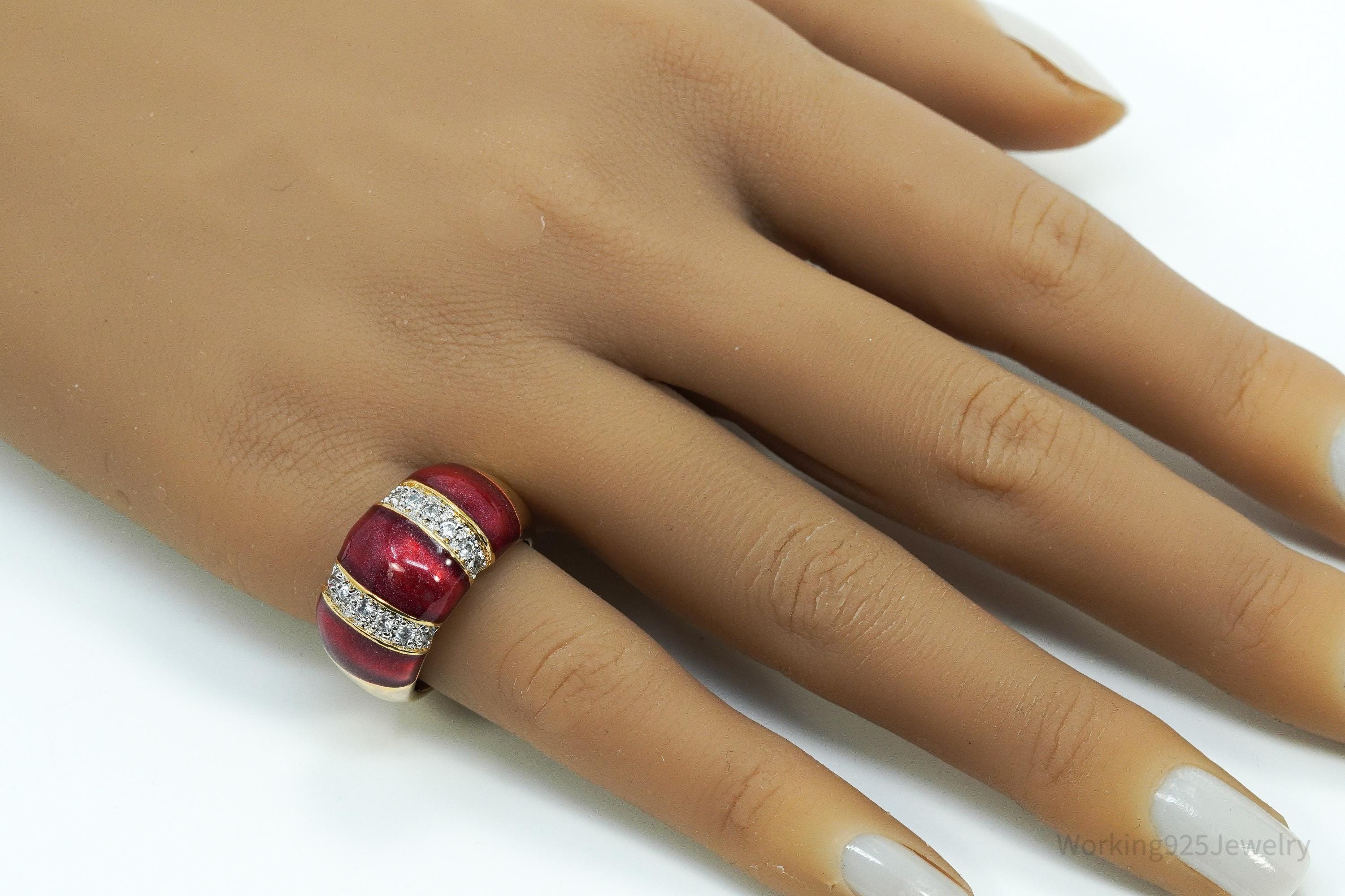 Designer Cubic Zirconia & Red Enamel Gold Over Sterling Silver Ring Size 6.75