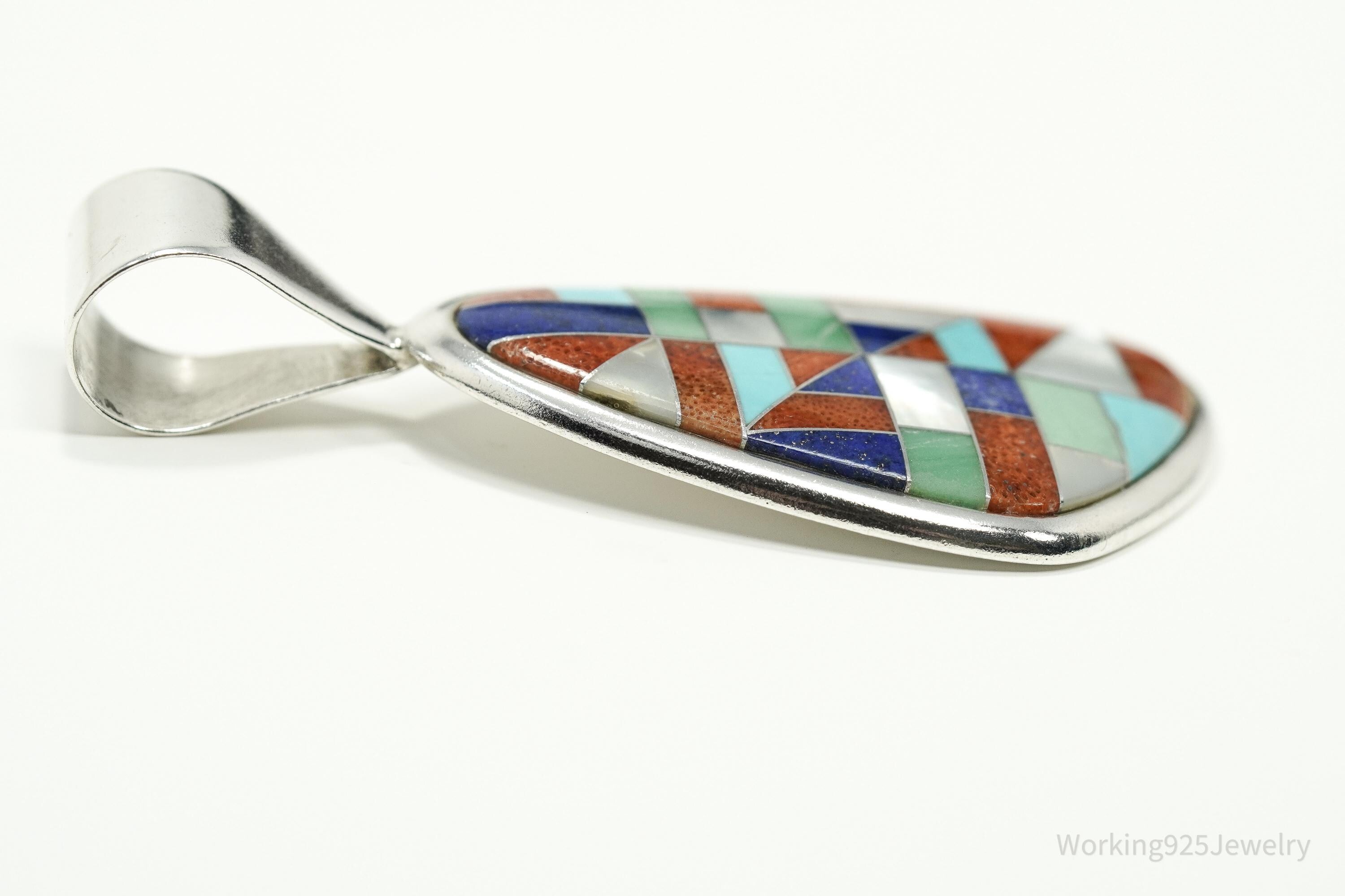 Vintage Large Desert Rose Trading Multi Gem Inlay Sterling Silver Pendant 2.5"