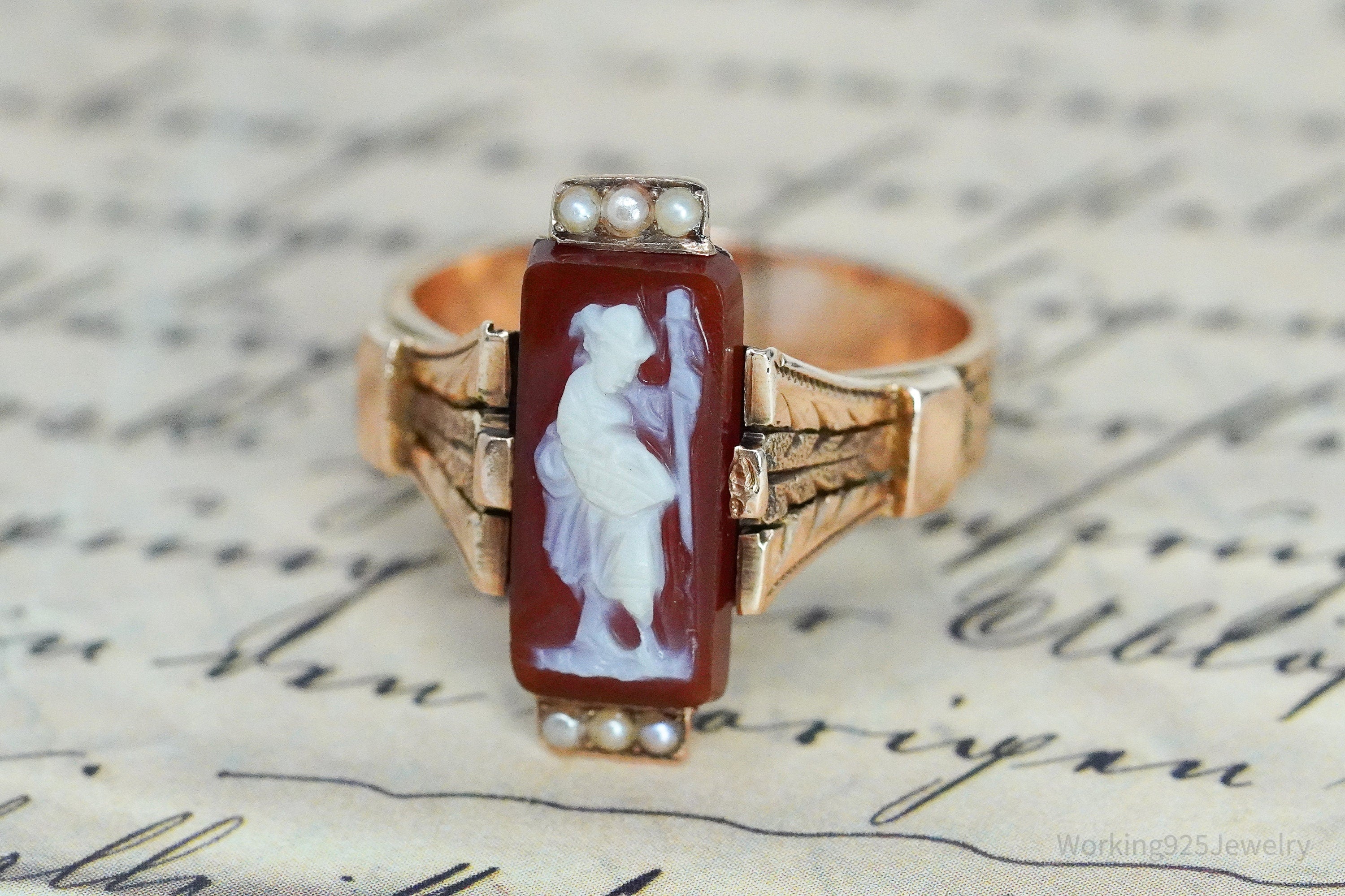 Antique 14K Rose Gold & Seed Pearls Cameo Ring - Size 6.5