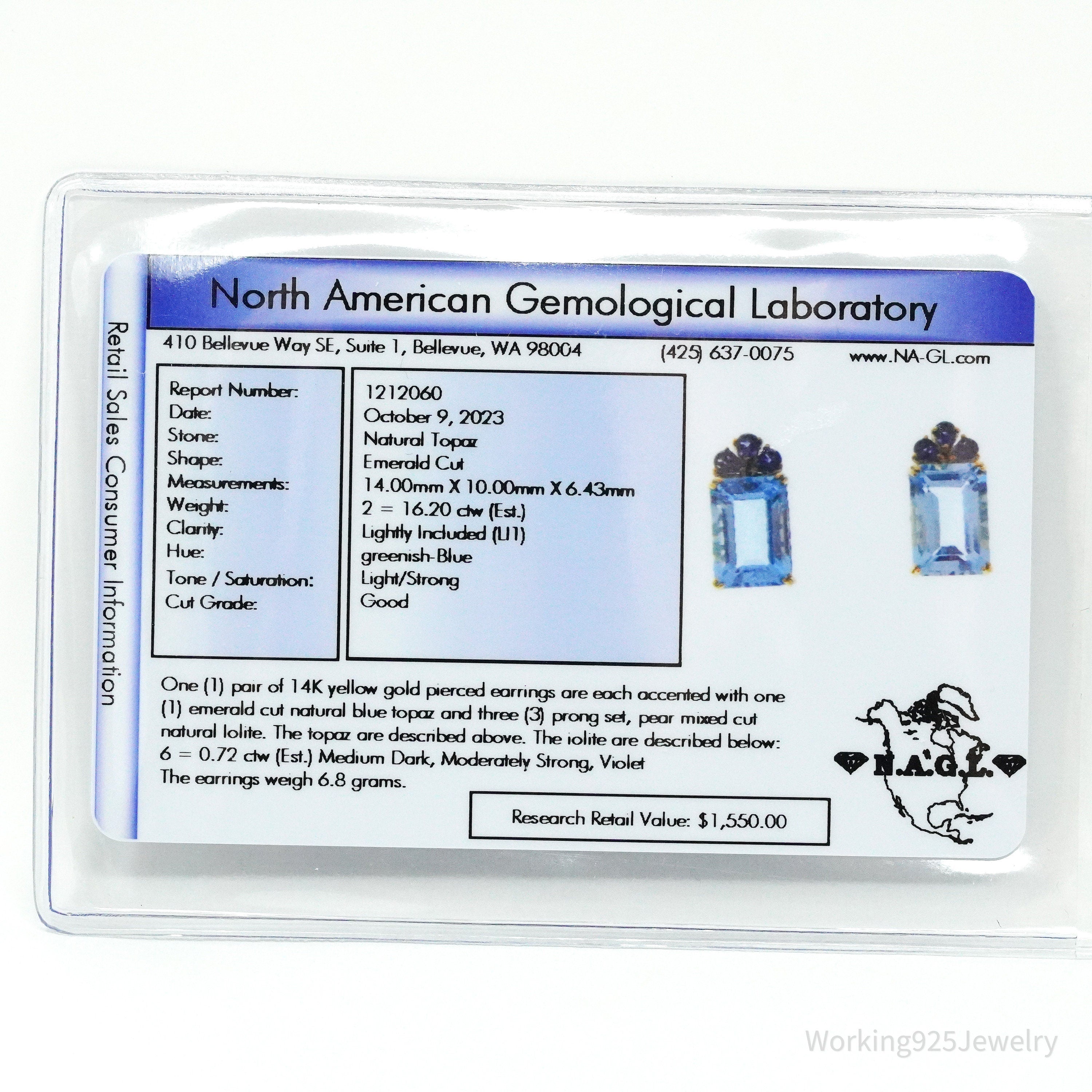 14K Yellow Gold, Natural Blue Topaz, & Natural Iolite Earrings