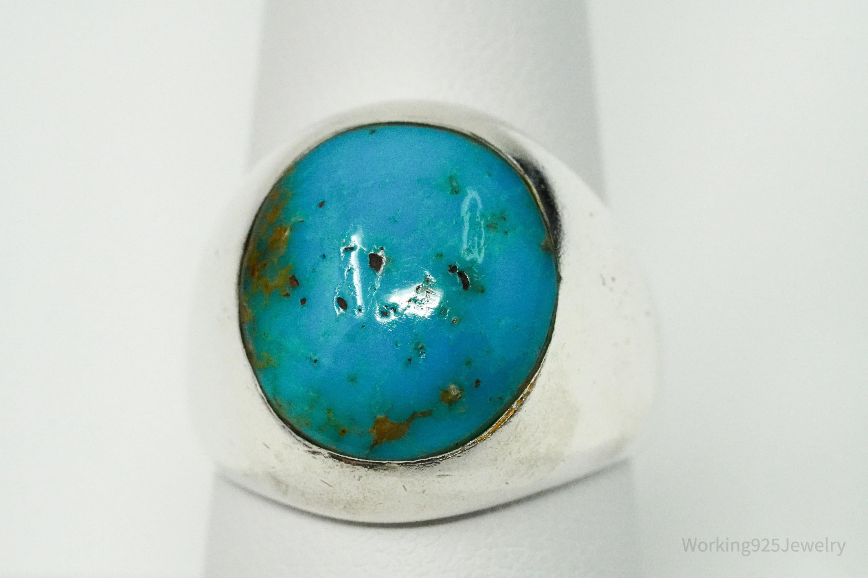 Vintage Blue Turquoise Inlay Silver Ring - Size 8.25
