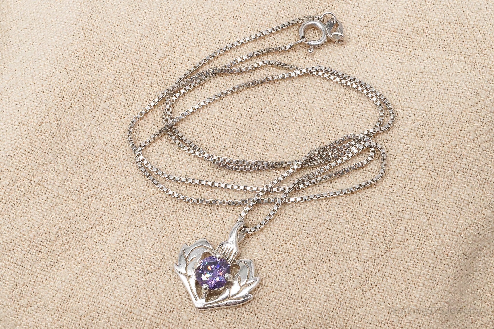 Vintage Purple Cubic Zirconia Scottish Thistle Sterling Silver Necklace 18"