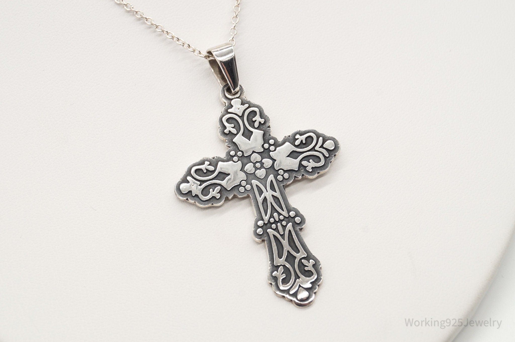 Vintage Large Mexico Artisan CII Cross Sterling Silver Necklace