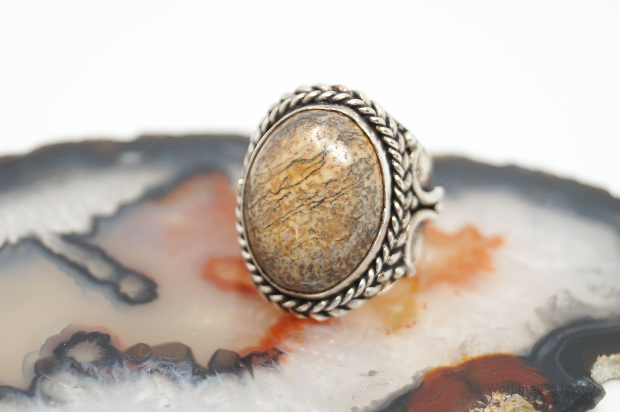 Vintage Southwestern Large Sand Jasper Sterling Silver Ring Size 8