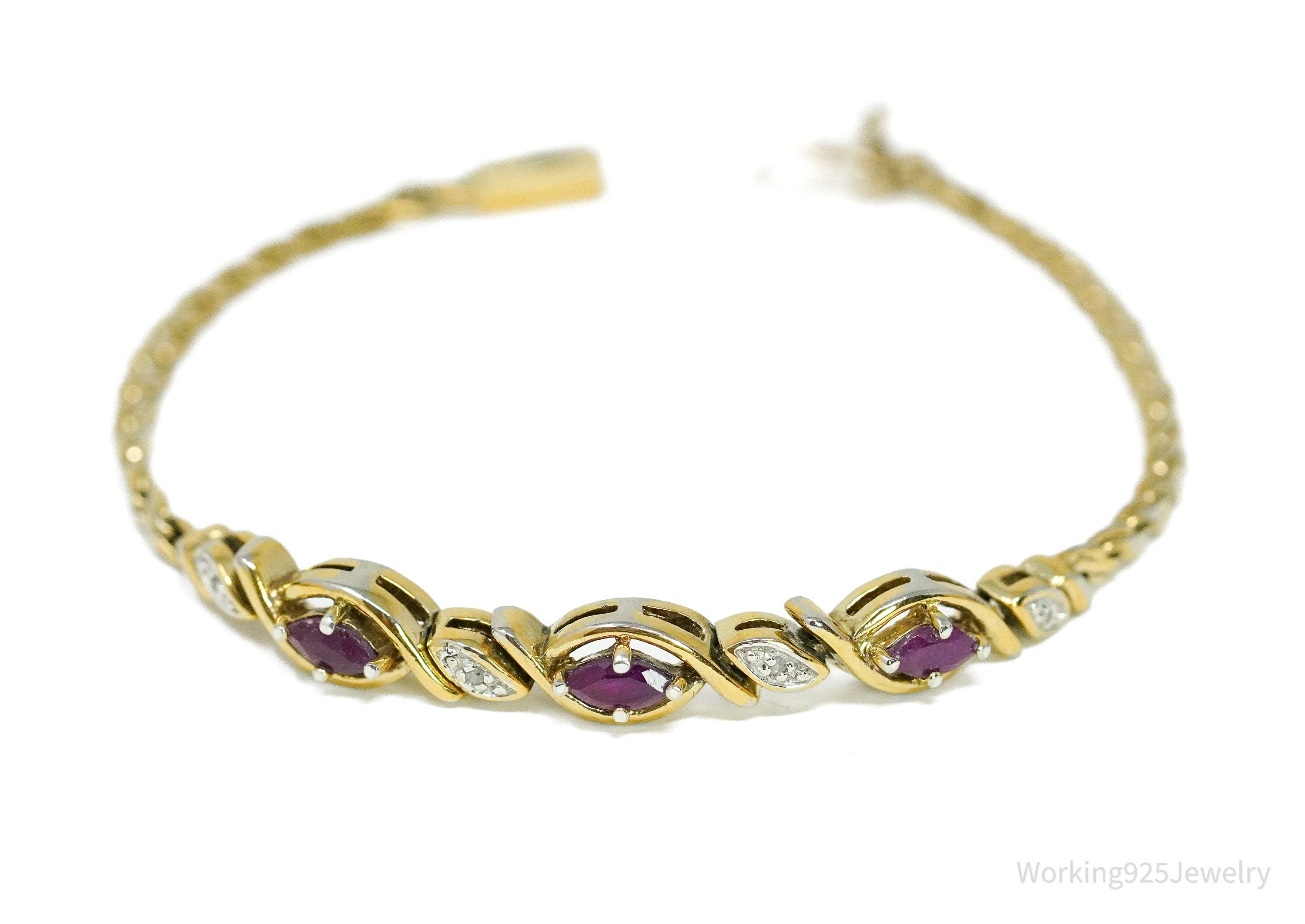 Vintage PAJ Diamond & Ruby Gold Over Sterling Silver Bracelet 7.25"