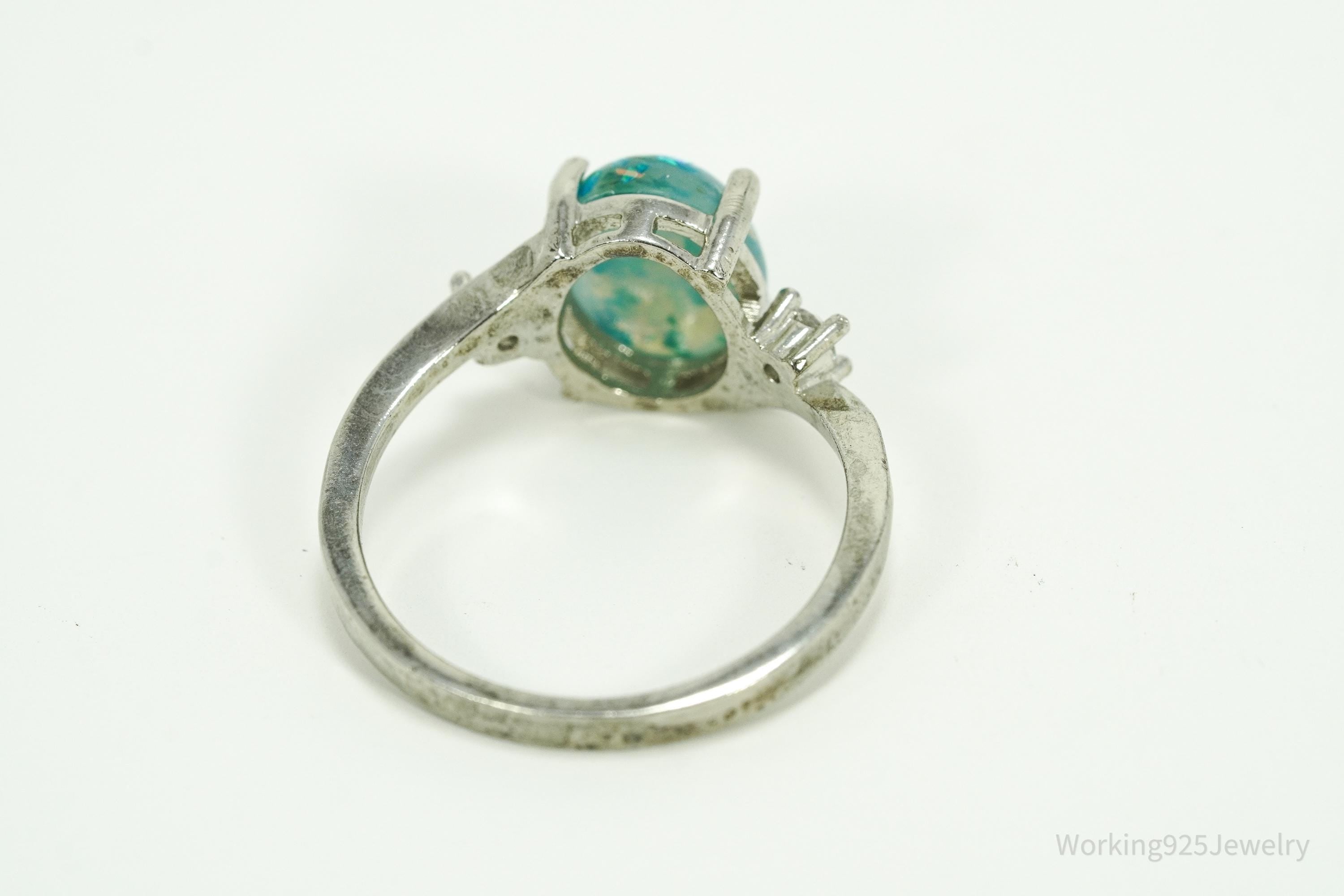 Vintage Faux Opal & Faux Diamonds Sterling Silver Plated Ring - Size 7