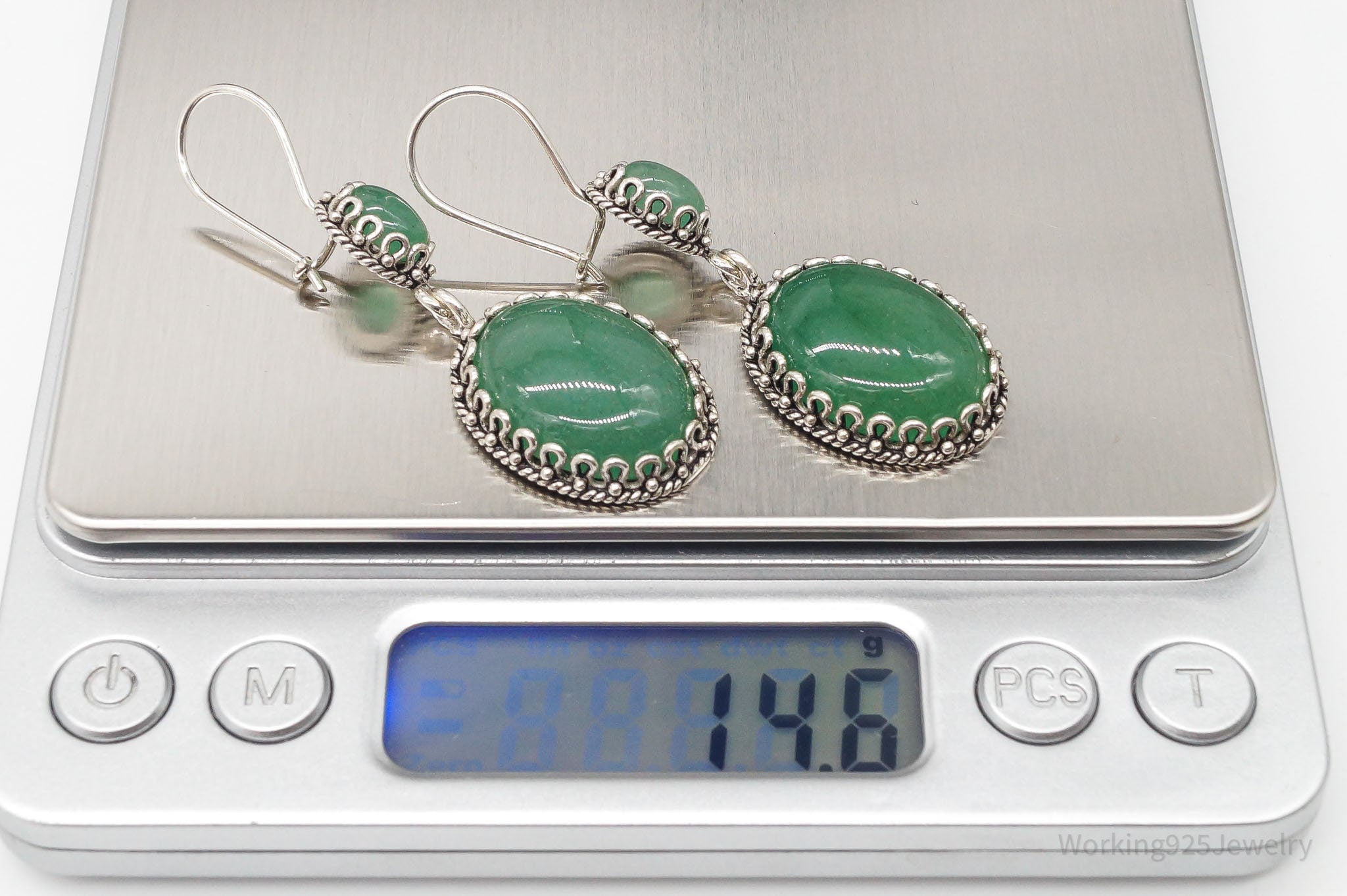 Vintage Turkey Designer DGS Green Aventurine Sterling Silver Earrings