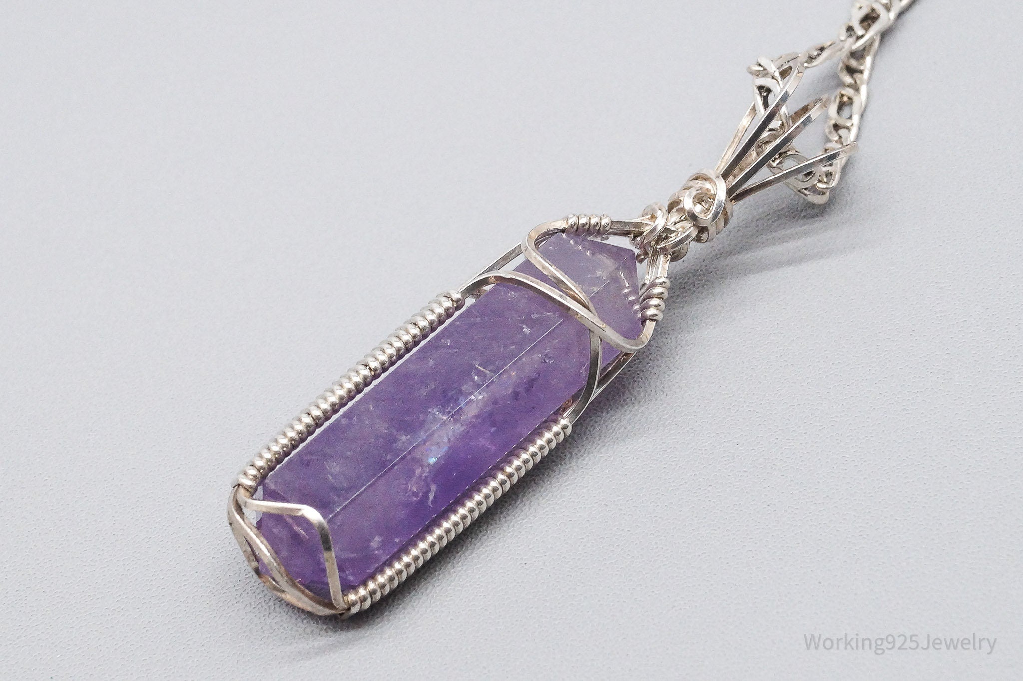 Vintage Amethyst Crystal Sterling Silver Necklace 2"